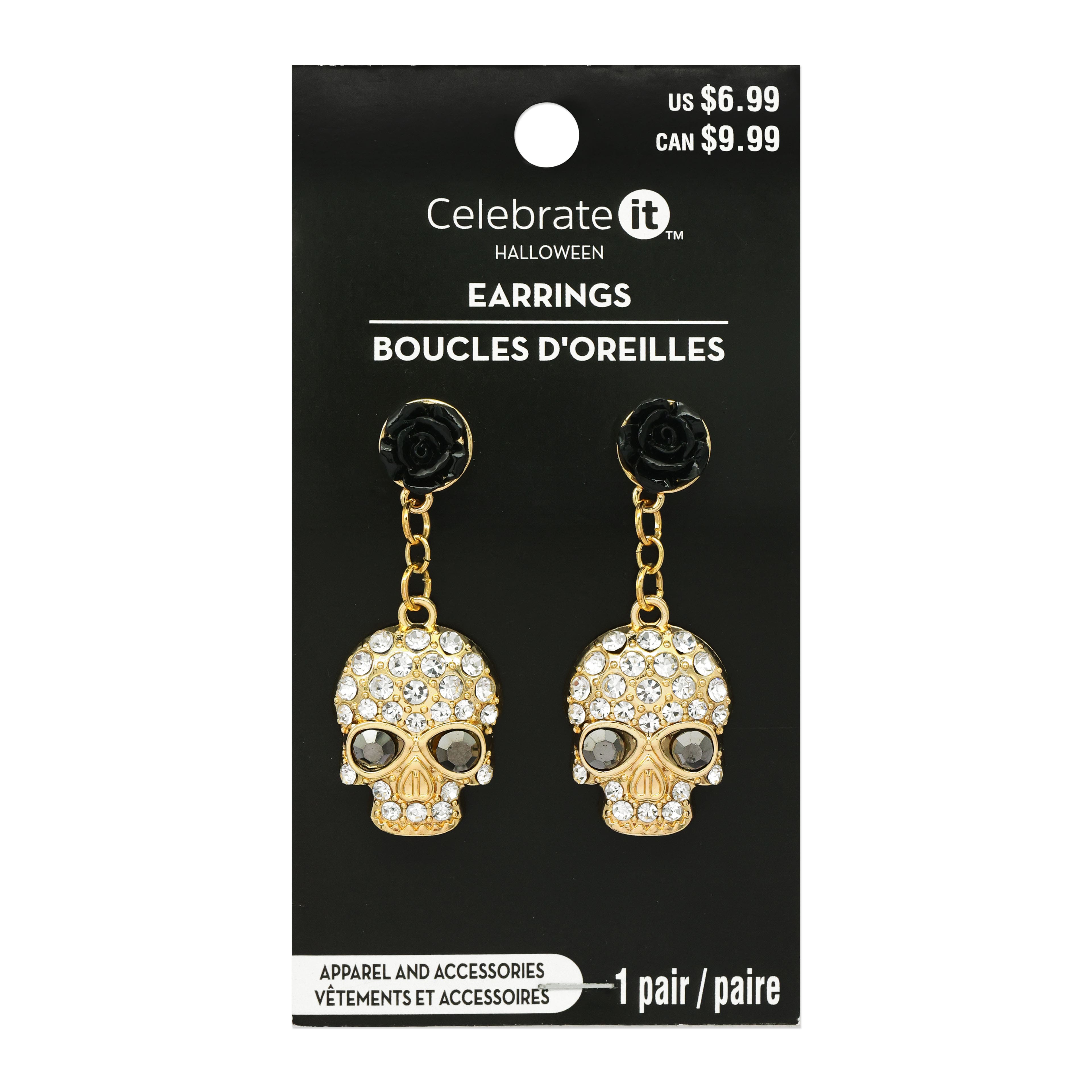 Gold Skull &#x26; Gem with Rose Earrings by Celebrate It&#x2122;