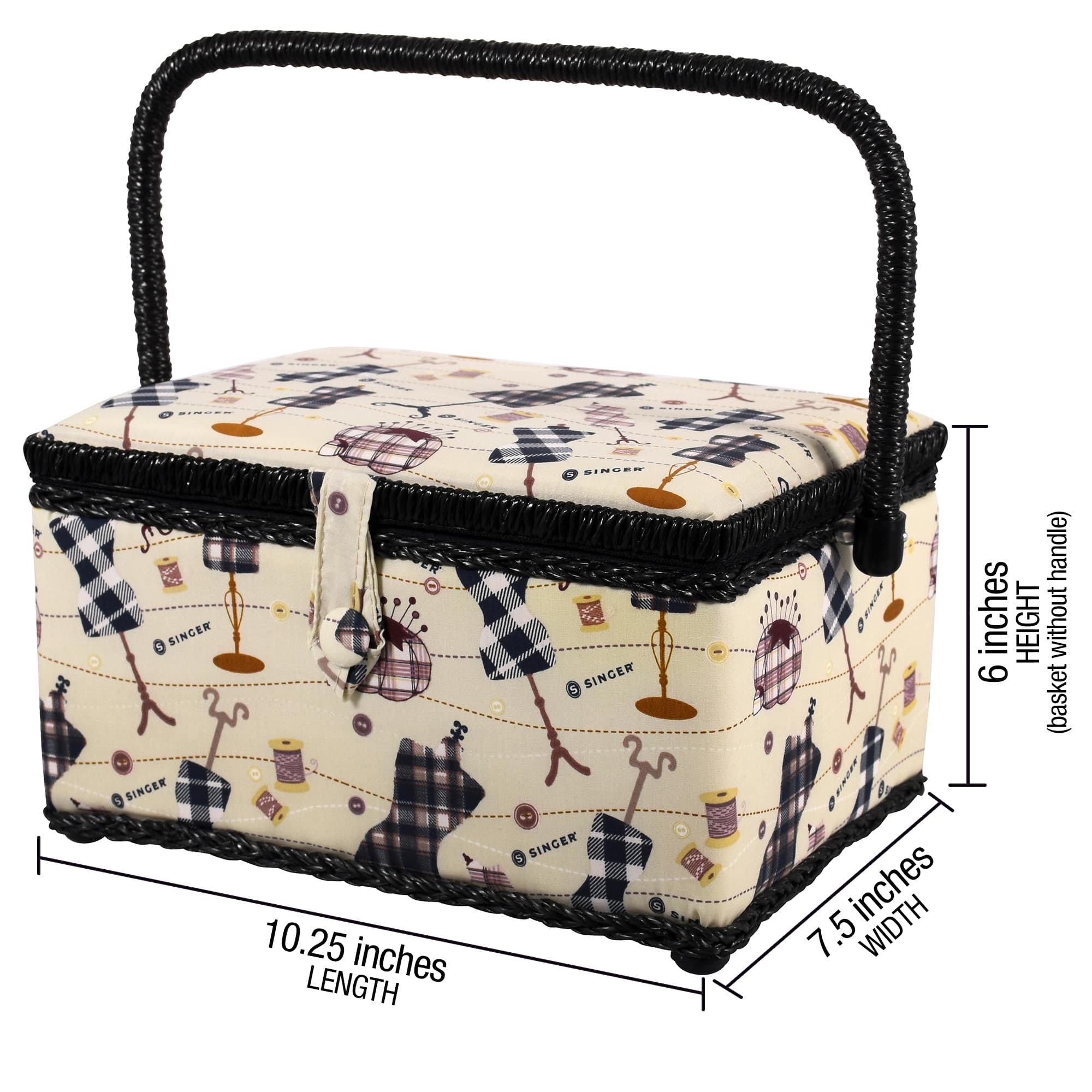 SINGER® Large Classic Sewing Print Sewing Basket with Sewing Scissors & Notions