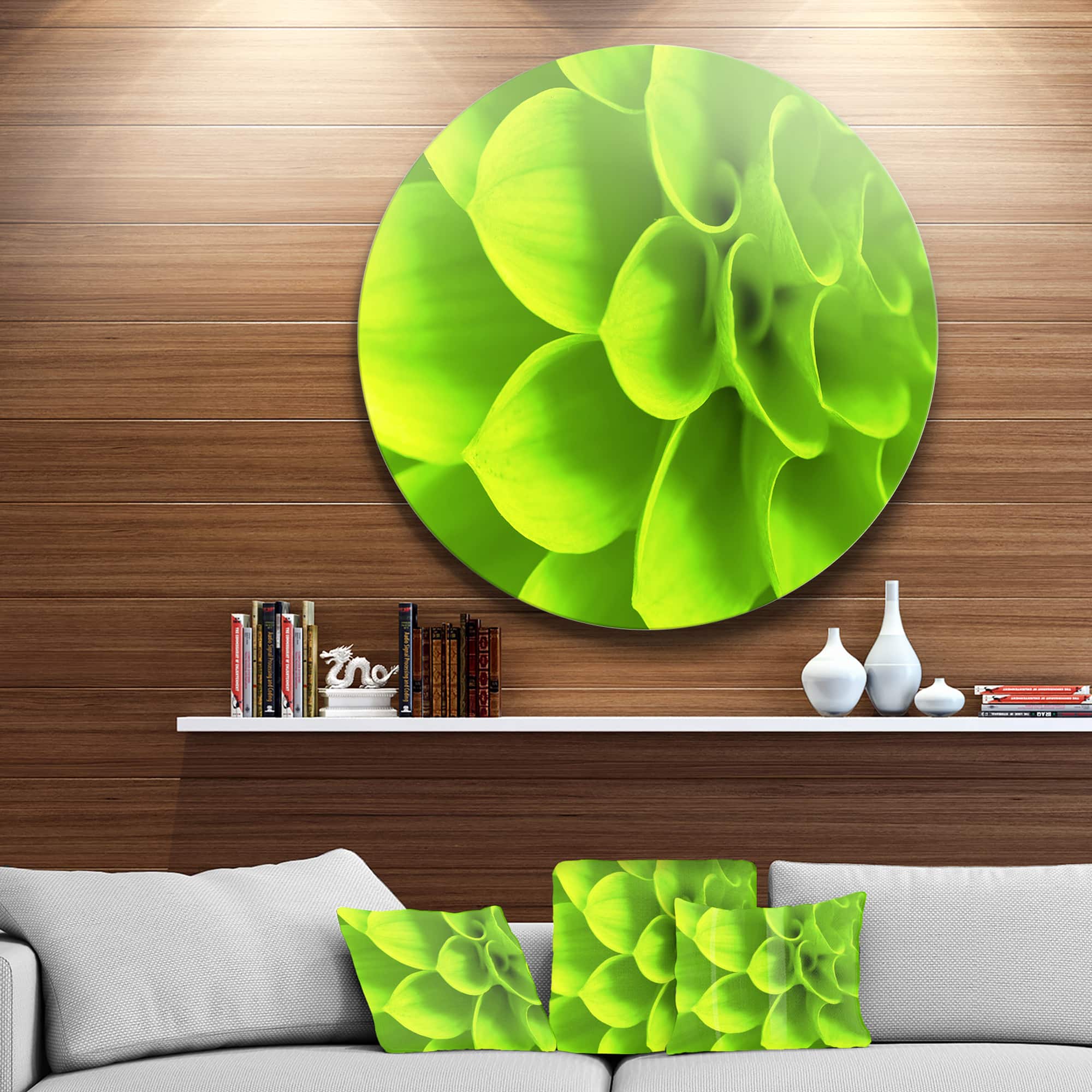 Designart - Bright Green Flower Petals' Disc Floral Circle Metal Wall Decor