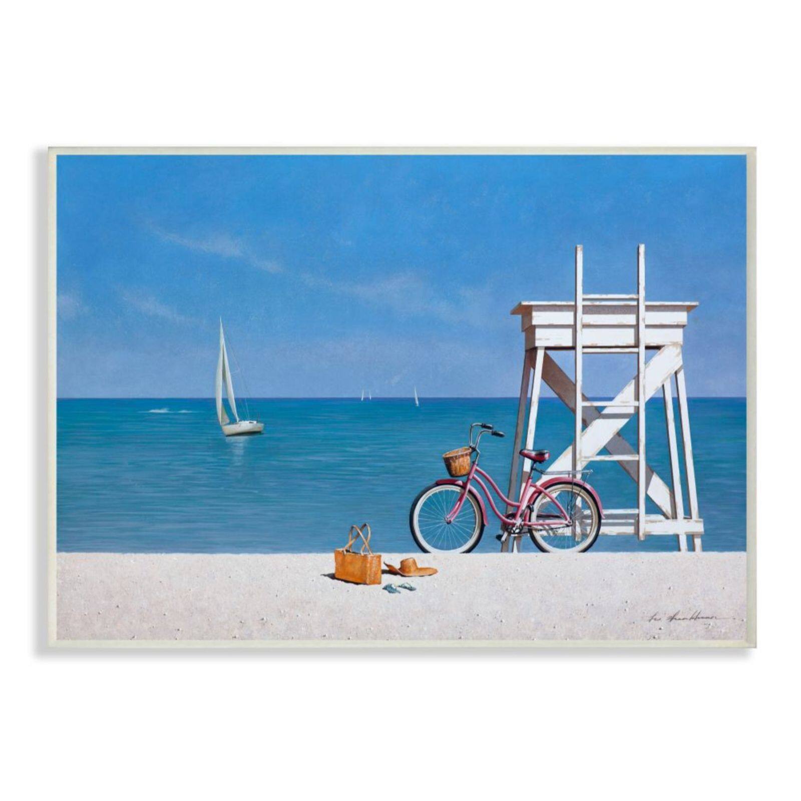 Stupell Industries Pink Bicycle at Lifeguard Stand Beach Wood Wall Plaque