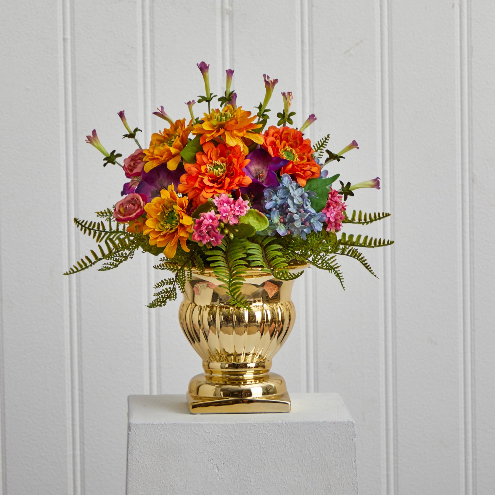 14&#x22; Mixed Floral Artificial Arrangement in Gold Urn