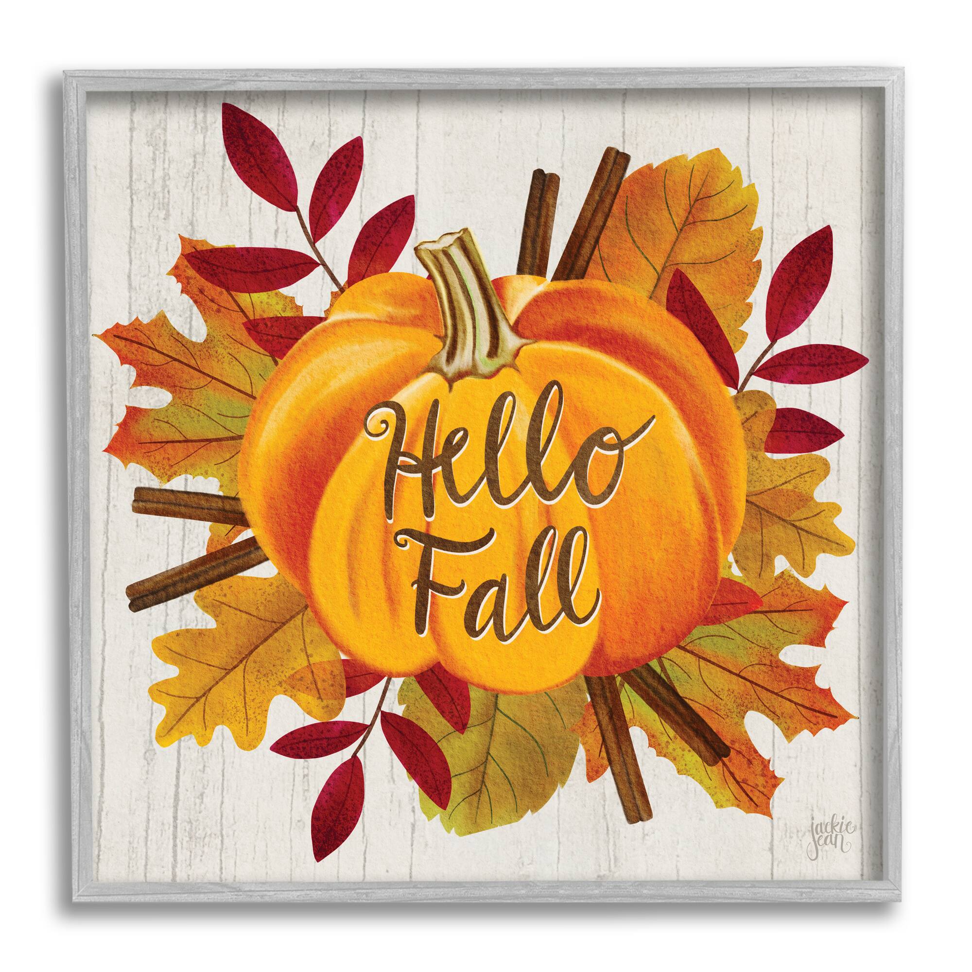 Stupell Industries Hello Fall Sentiment Orange Pumpkin Autumn Tree Leaves Gray Framed Wall Art, 12" x 12"