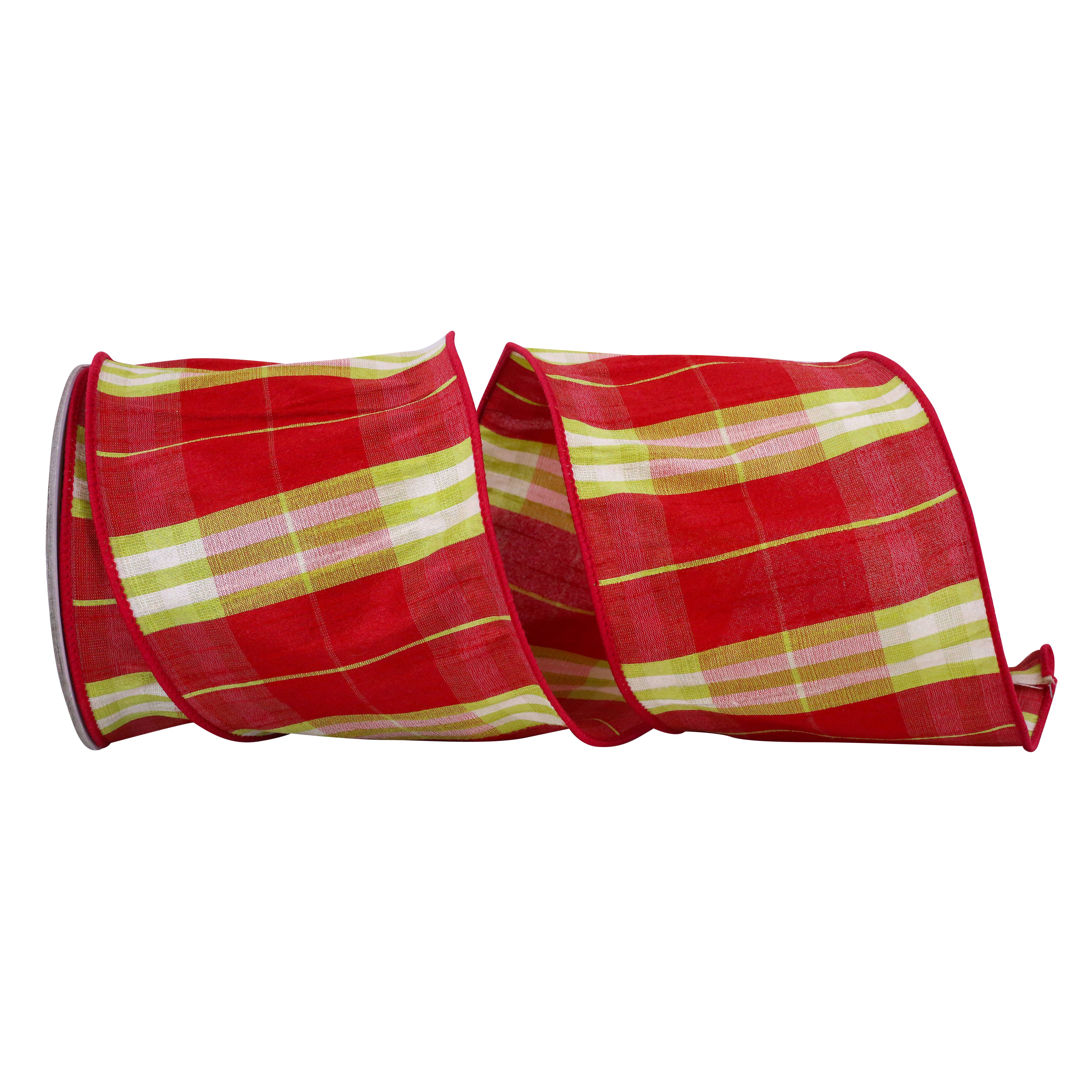 JAM Paper 4" x 10yd. Dupioni Wired Edge Holid Plaid Ribbon