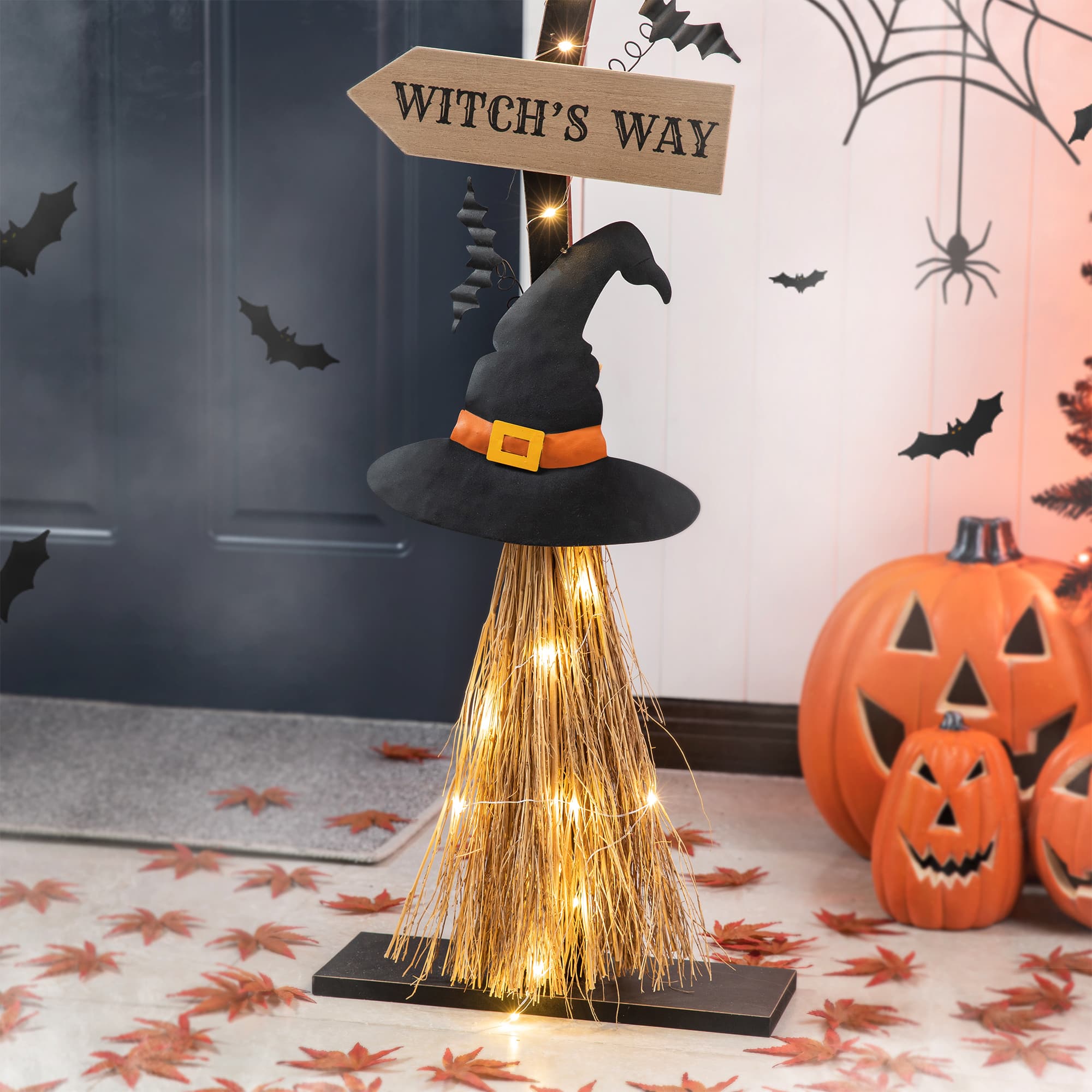 Glitzhome&#xAE; 42&#x22; Lighted Halloween Witch&#x27;s Broom Porch D&#xE9;cor with Timer