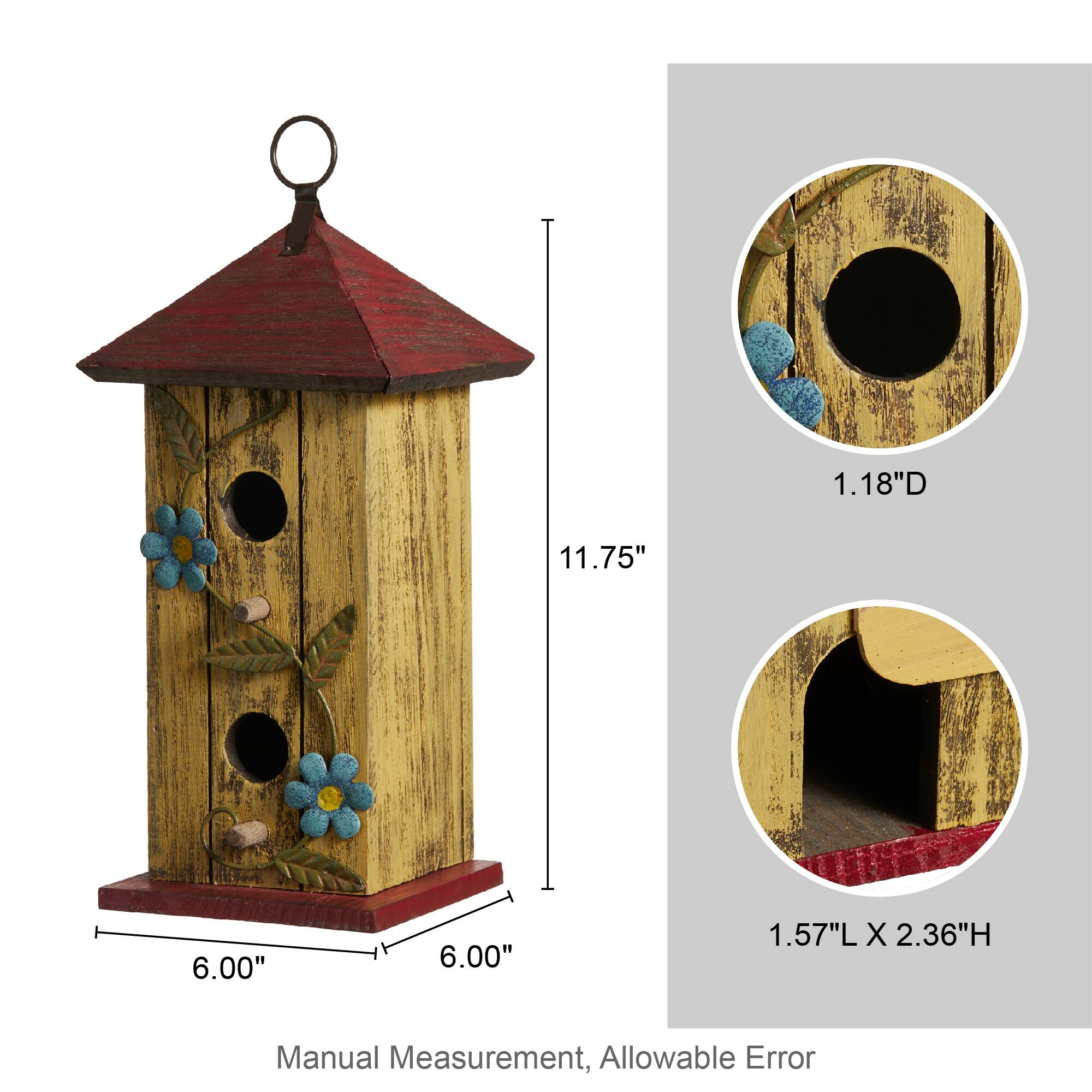 Glitzhome® 11.75" Yellow Washed 3D Metal Flowers Distressed Wood Cottage Birdhouse