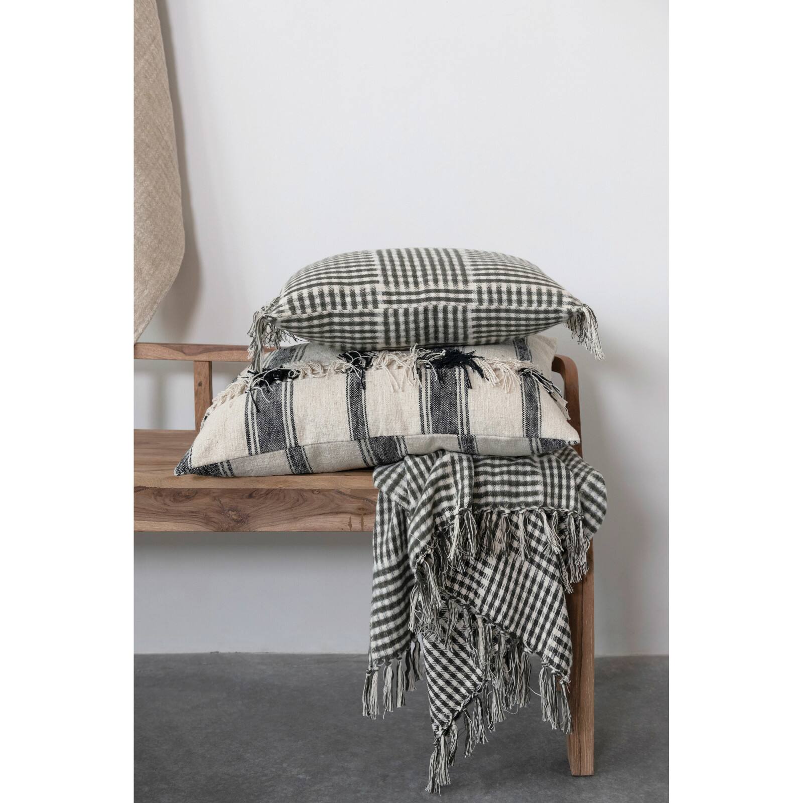Hello Honey&#xAE; Black &#x26; White Gingham Cotton Flannel Lumbar Pillow with Fringe