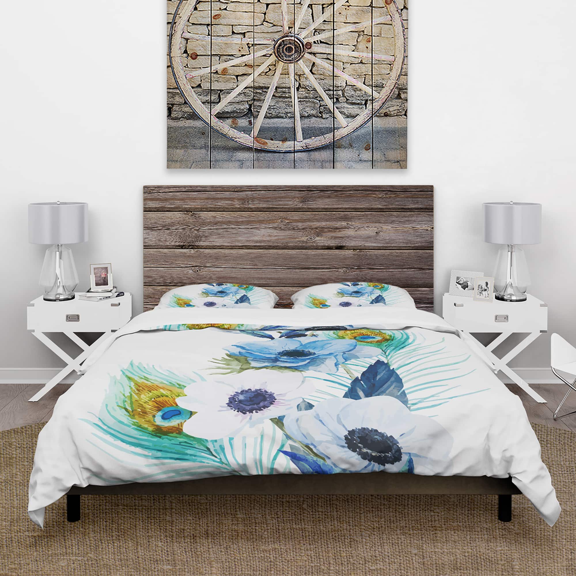 Designart &#x27;Anemones And Peacock Feathers&#x27; Floral Bedding Set - Duvet Cover &#x26; Shams
