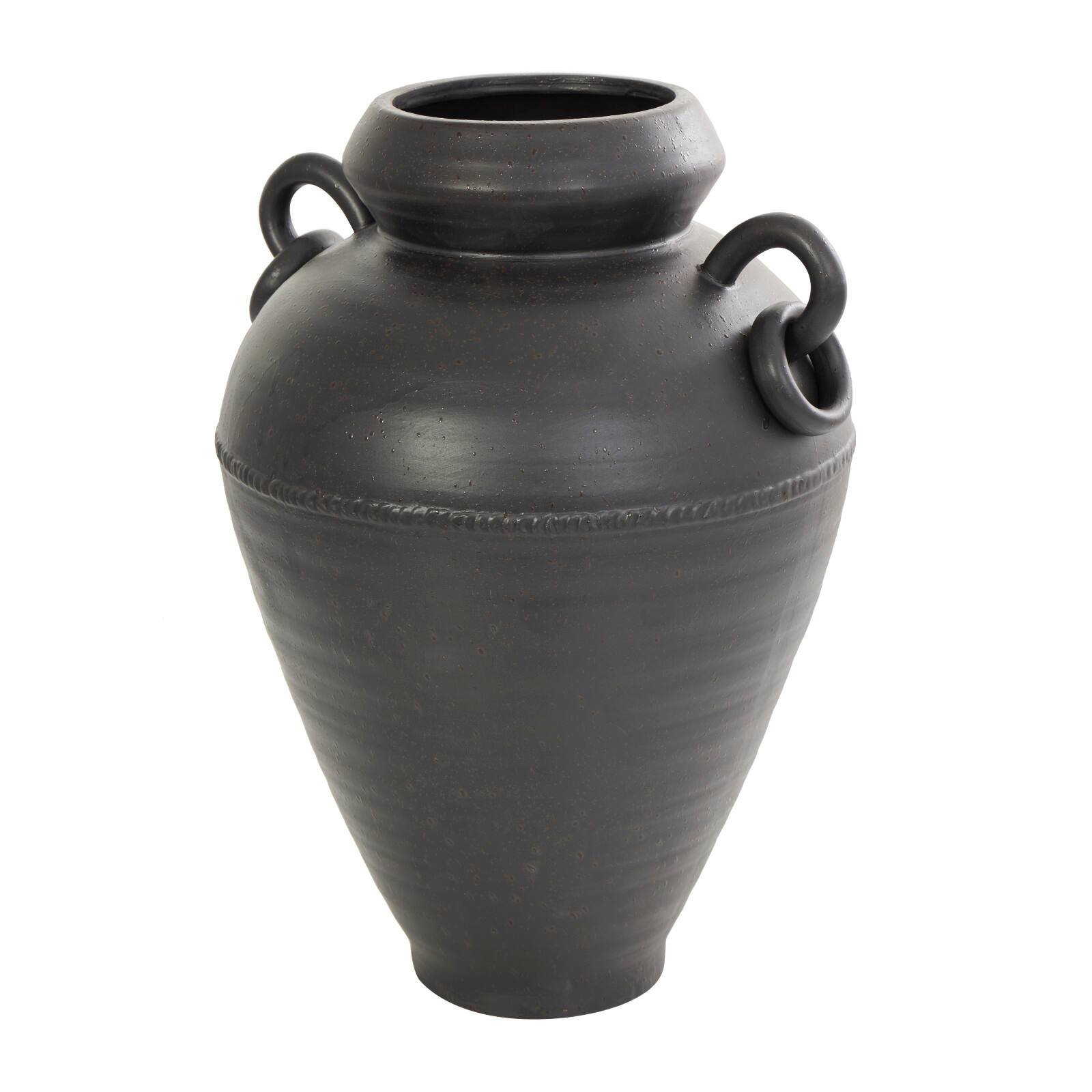15" Black Ceramic Amphora Vase with Speckled Texture & Ring Handles