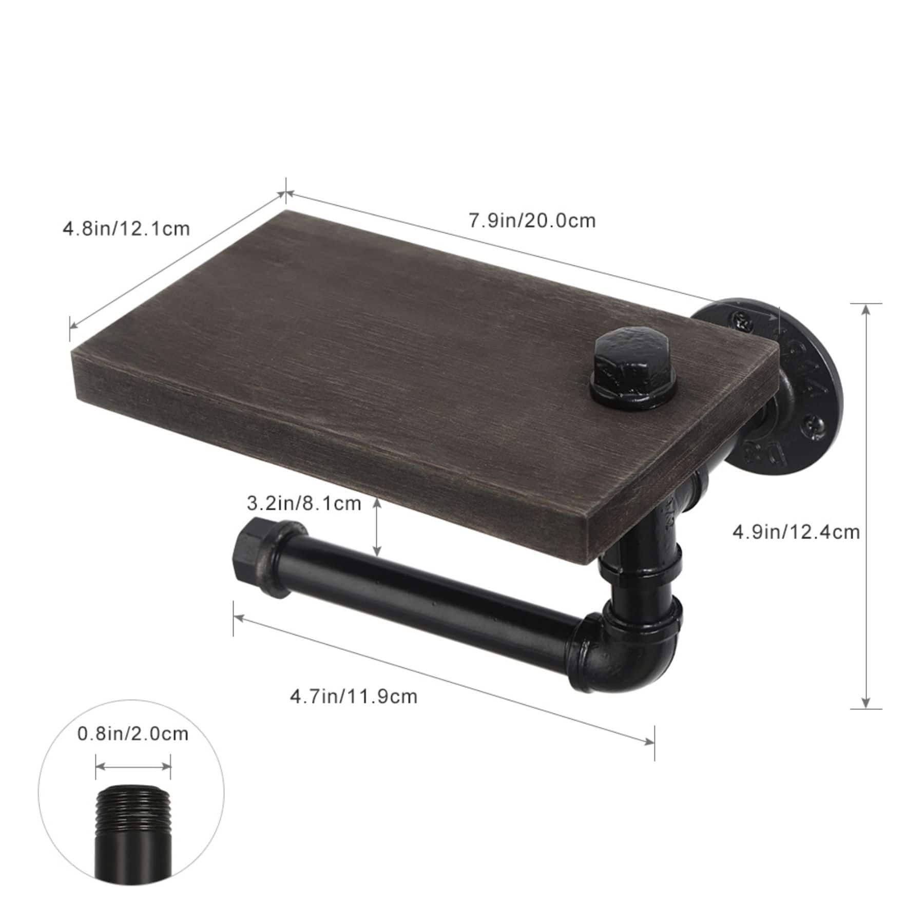 Black Wall Mounted Toilet Paper Holder with Rustic Wooden Shelf