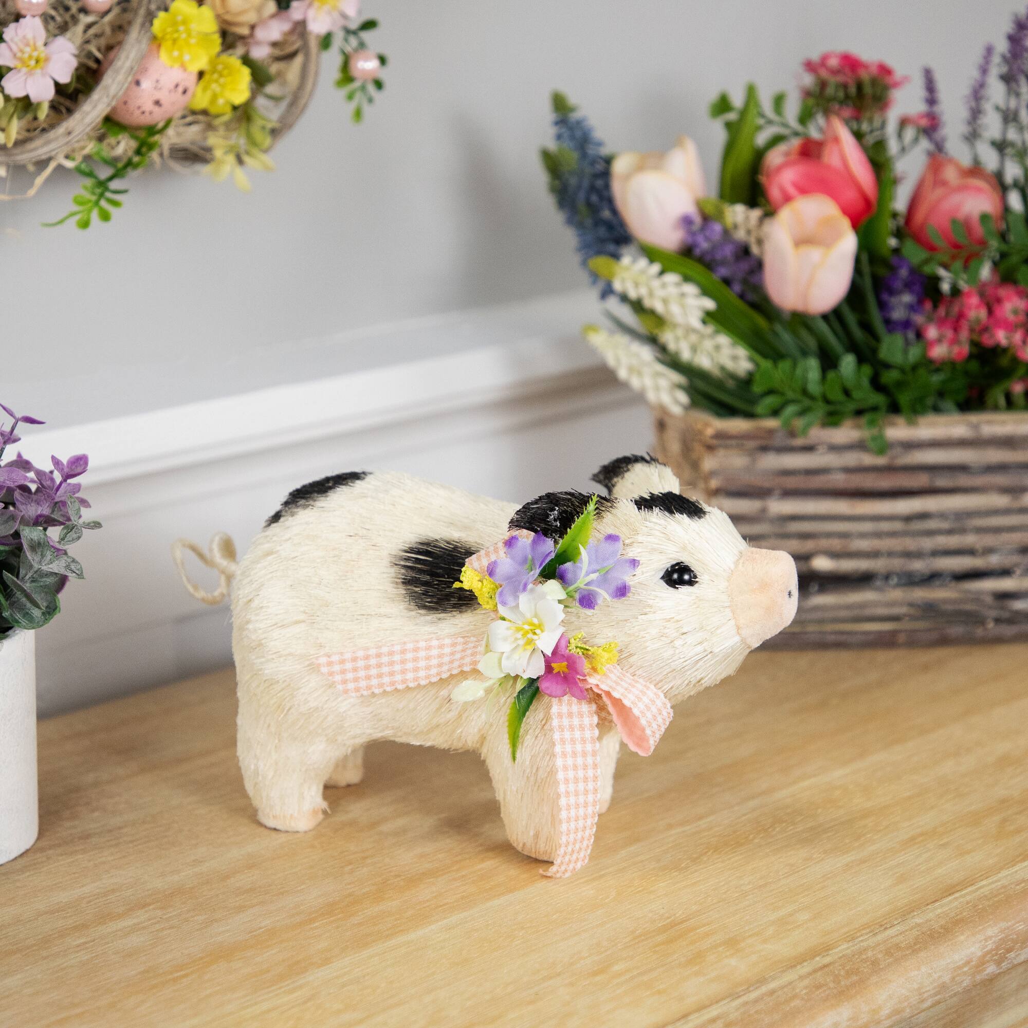 9" Spotted Piglet with Bow and Flowers Spring Figurine