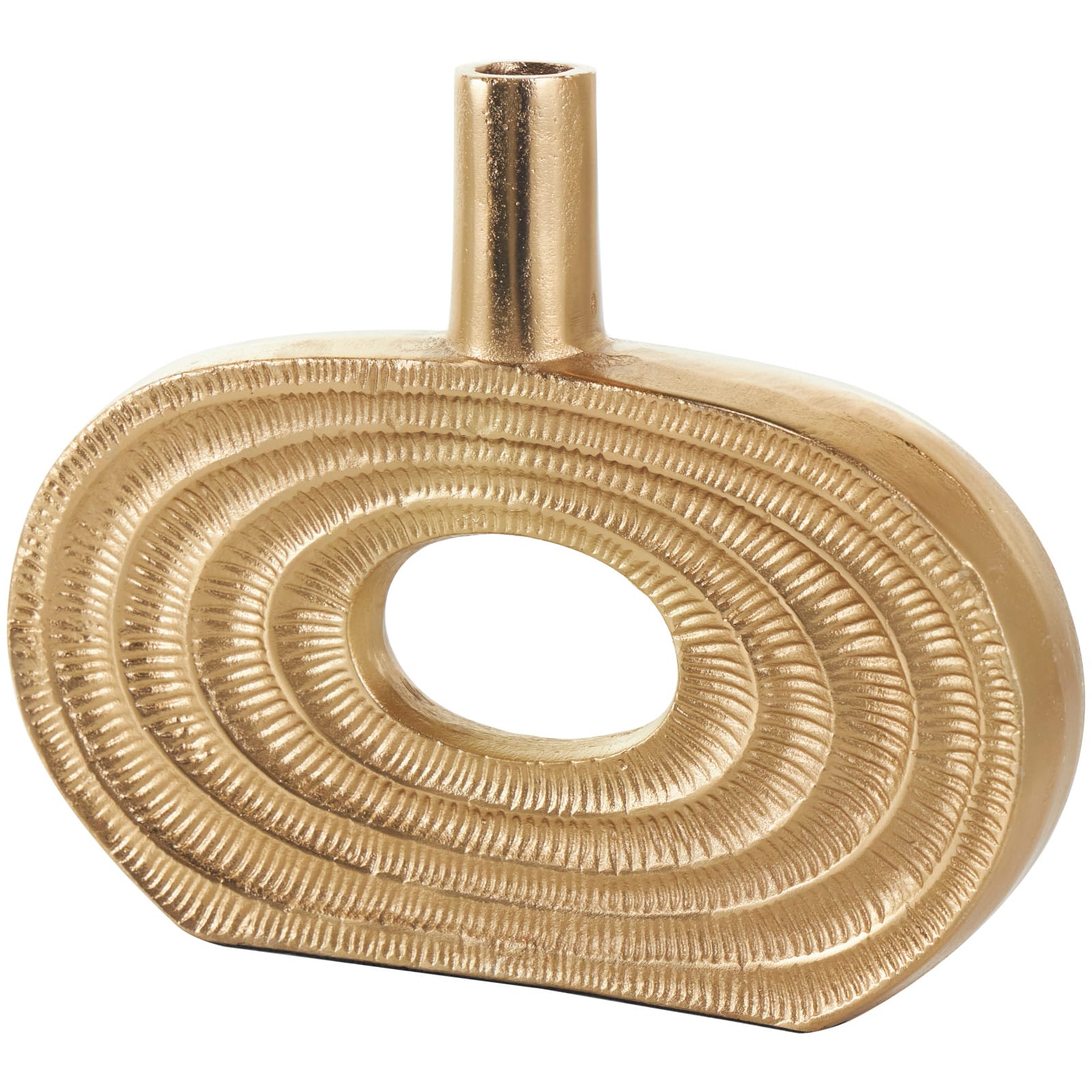 10" Gold Aluminum Geometric Circular Vase with Linear Etchings