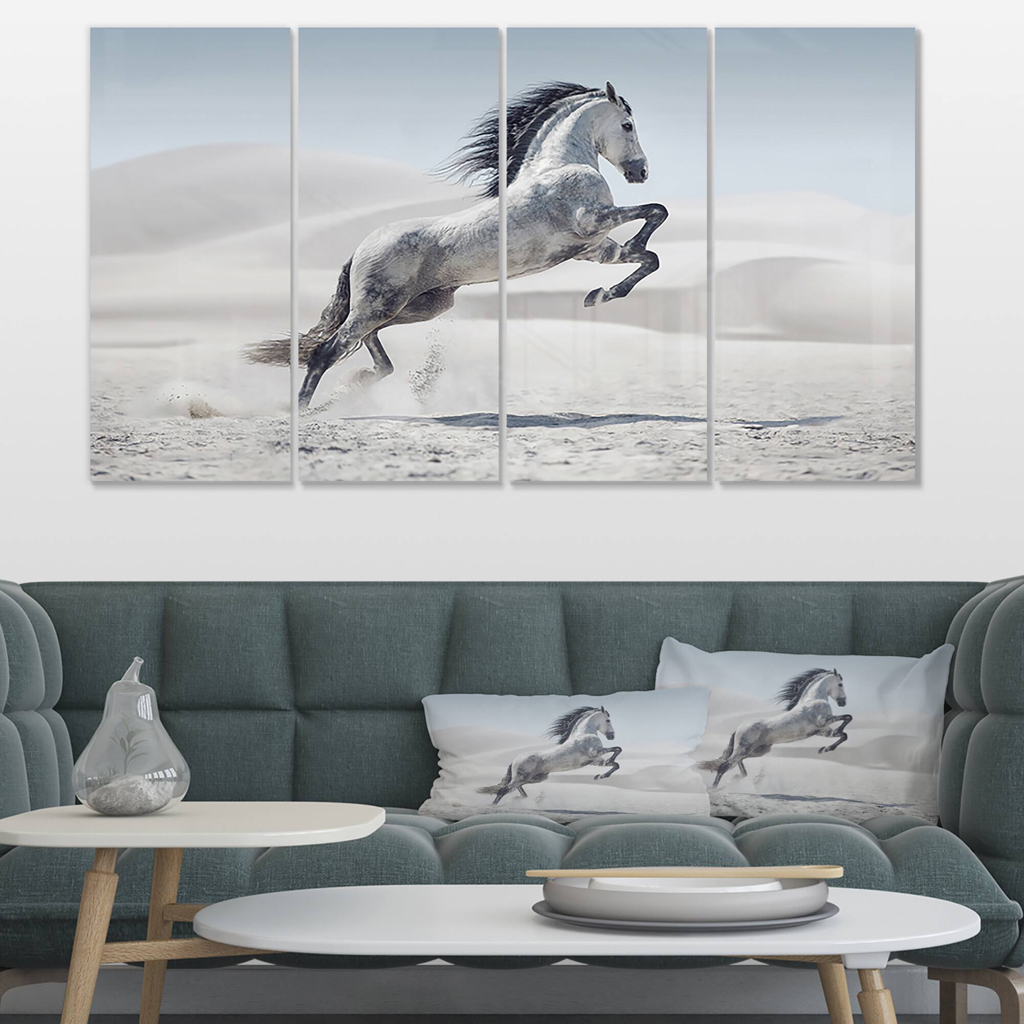 Designart - Galloping White Horse - Animal Canvas Wall Art