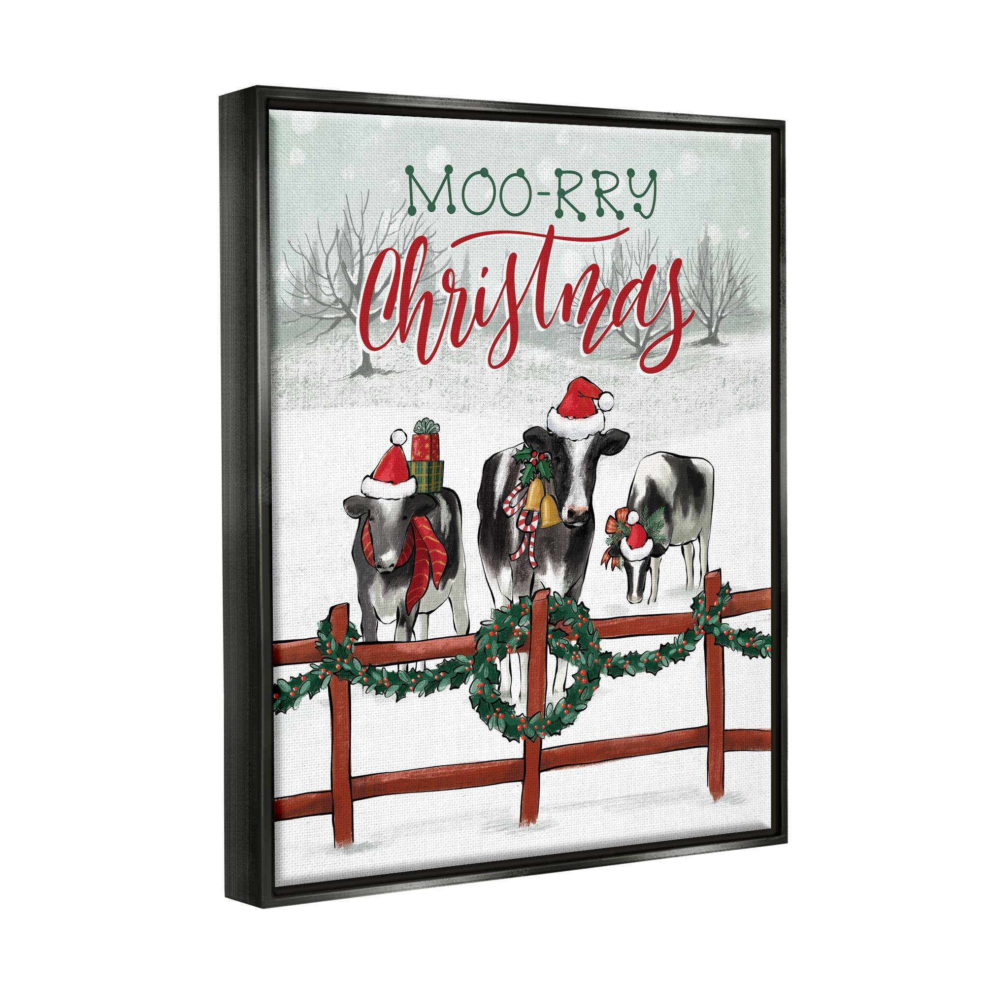 Stupell Industries Moo-rry Christmas Holiday Snowy Cows Framed Floater Canvas Wall Art