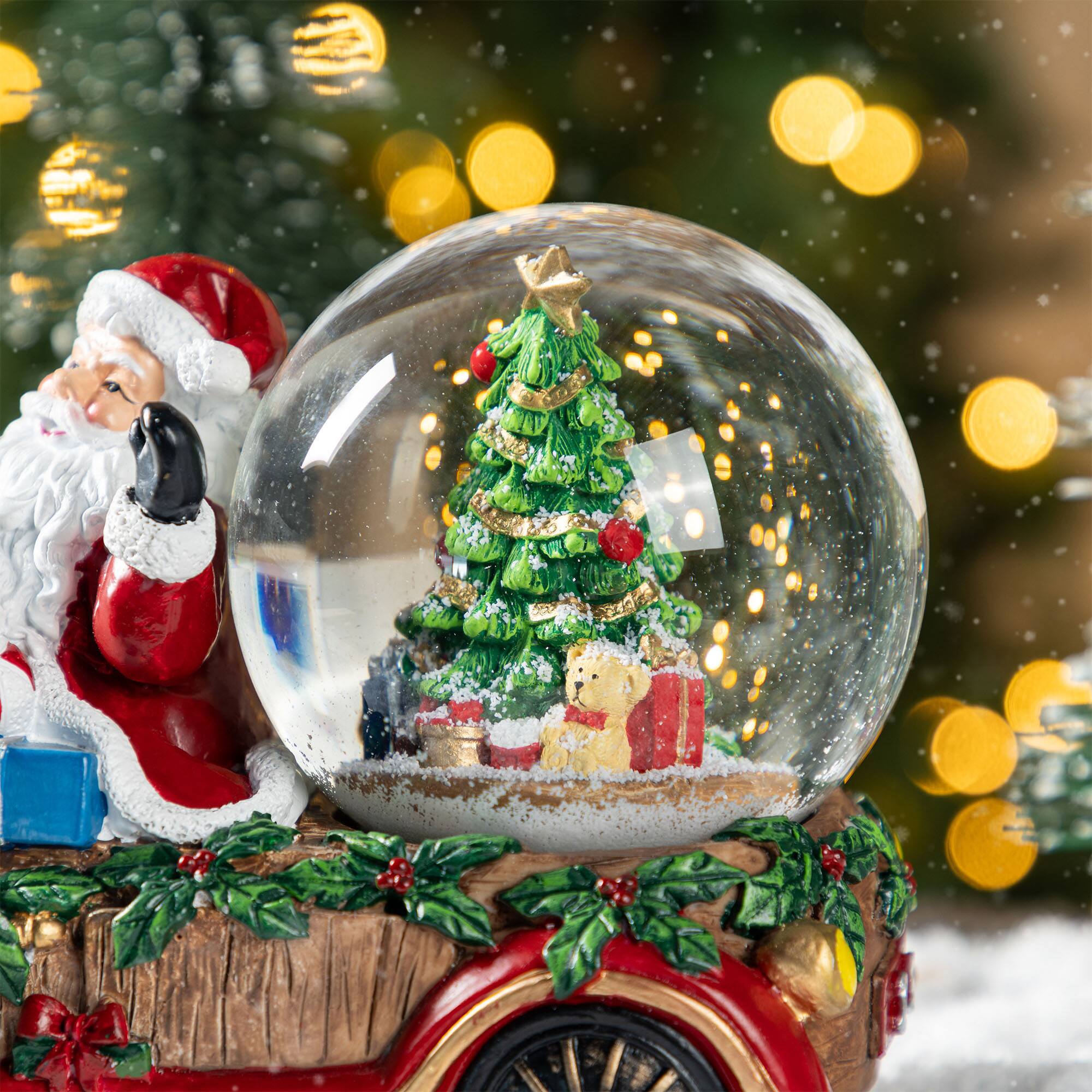 Glitzhome&#xAE; 100mm Christmas Resin Lighted Musical Snowflakes Santa Car Waterglobe