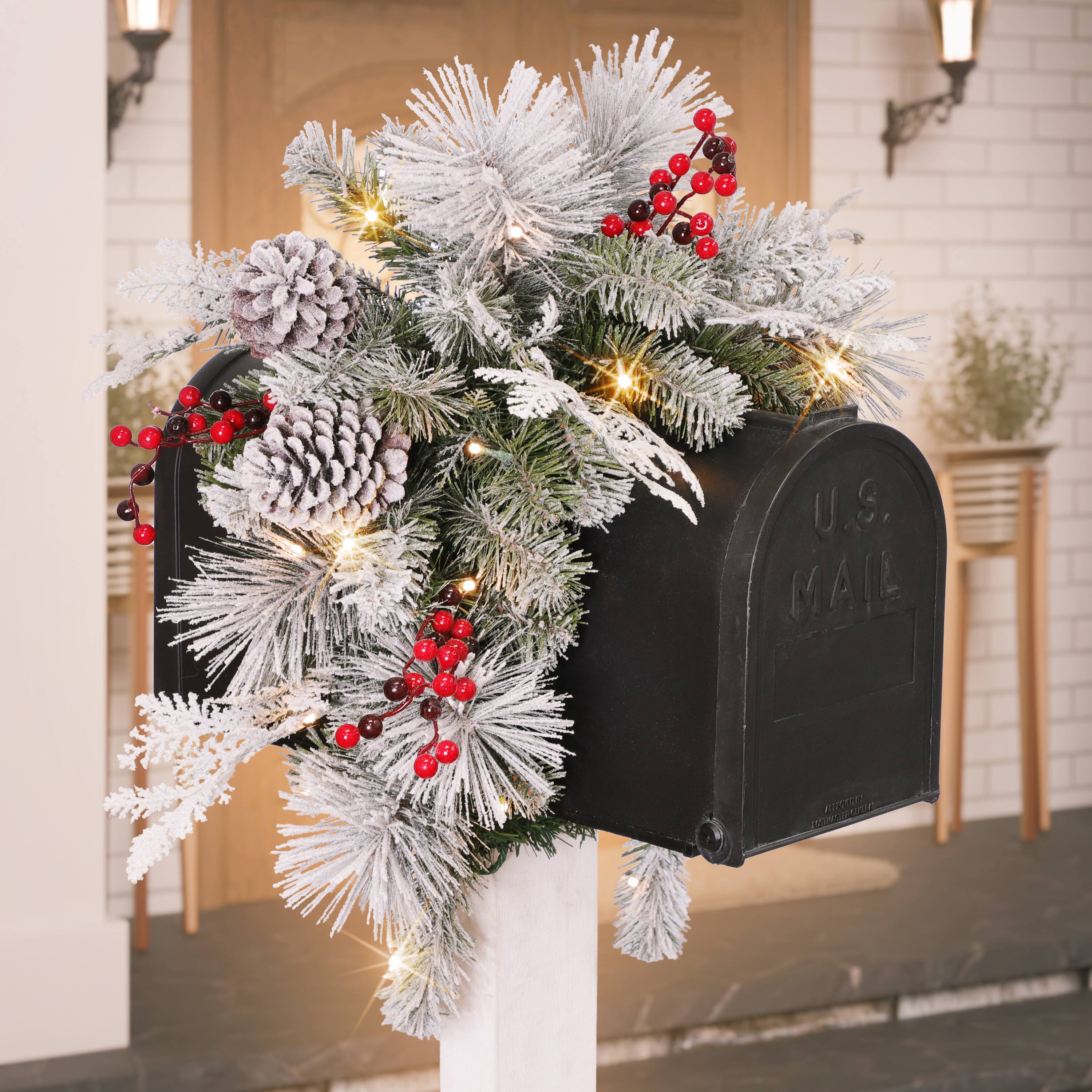 36" x 16" Pre-Lit Flocked Pine Mailbox Swag