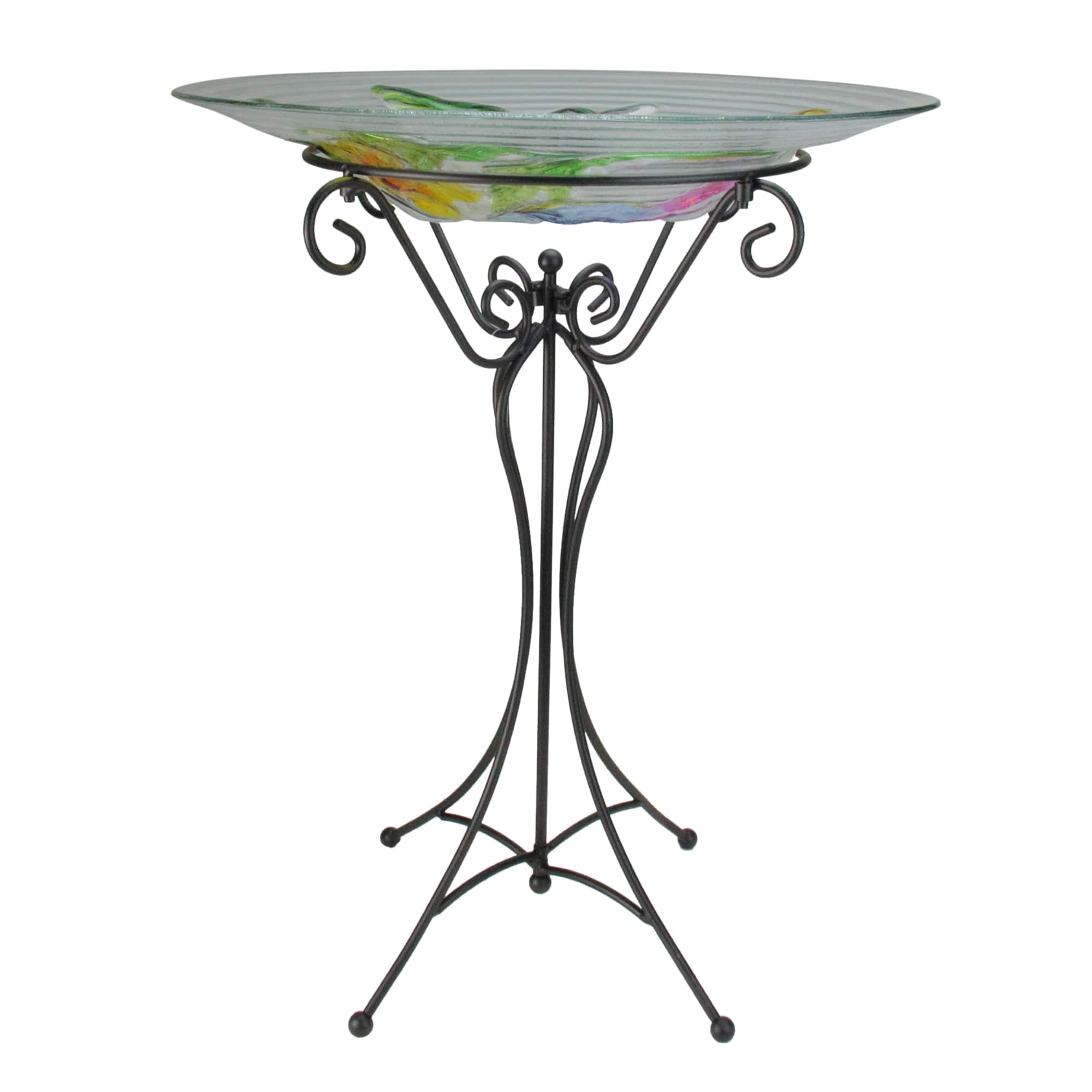 22.5" Hand Painted Glass Vibrant Hummingbird & Flowers Outdoor Garden Bird Bath