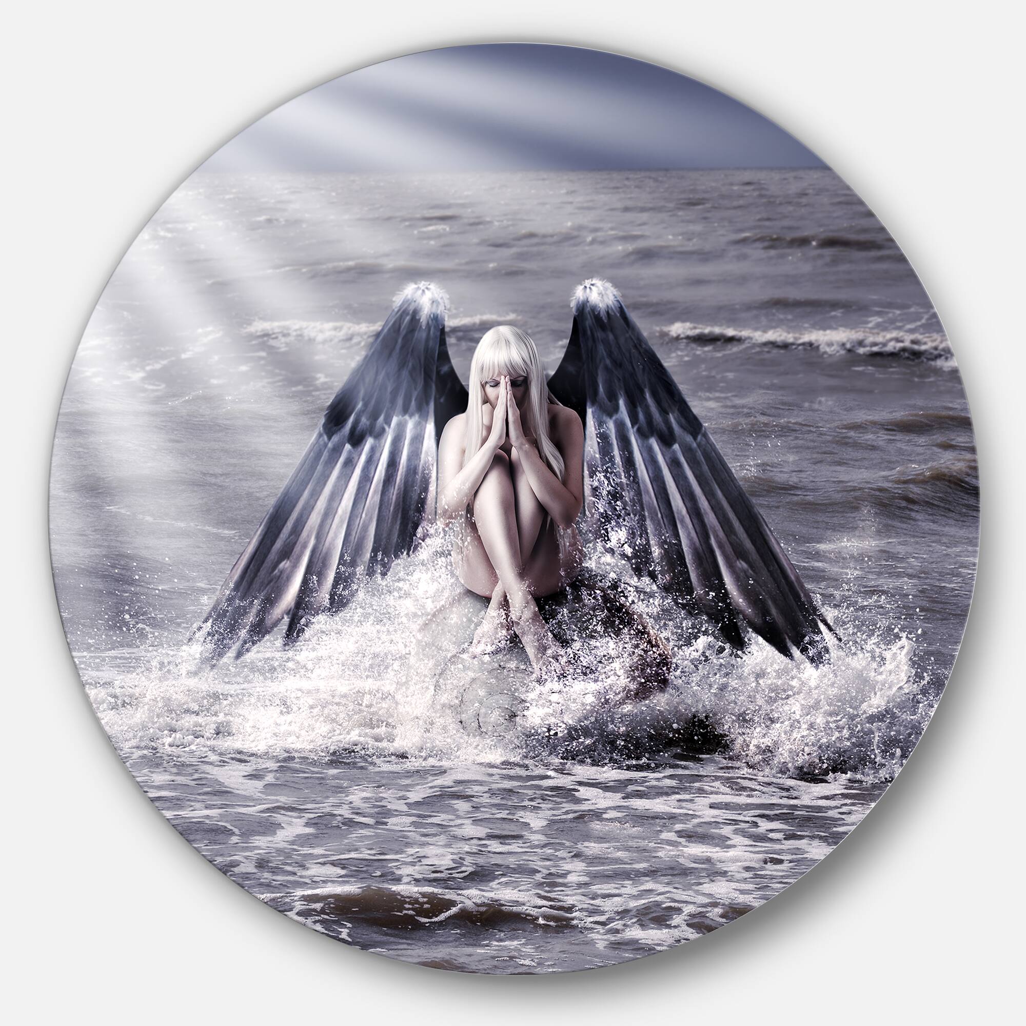 Designart - Woman with Dark Angel Wings' Beach Metal Circle Wall Art