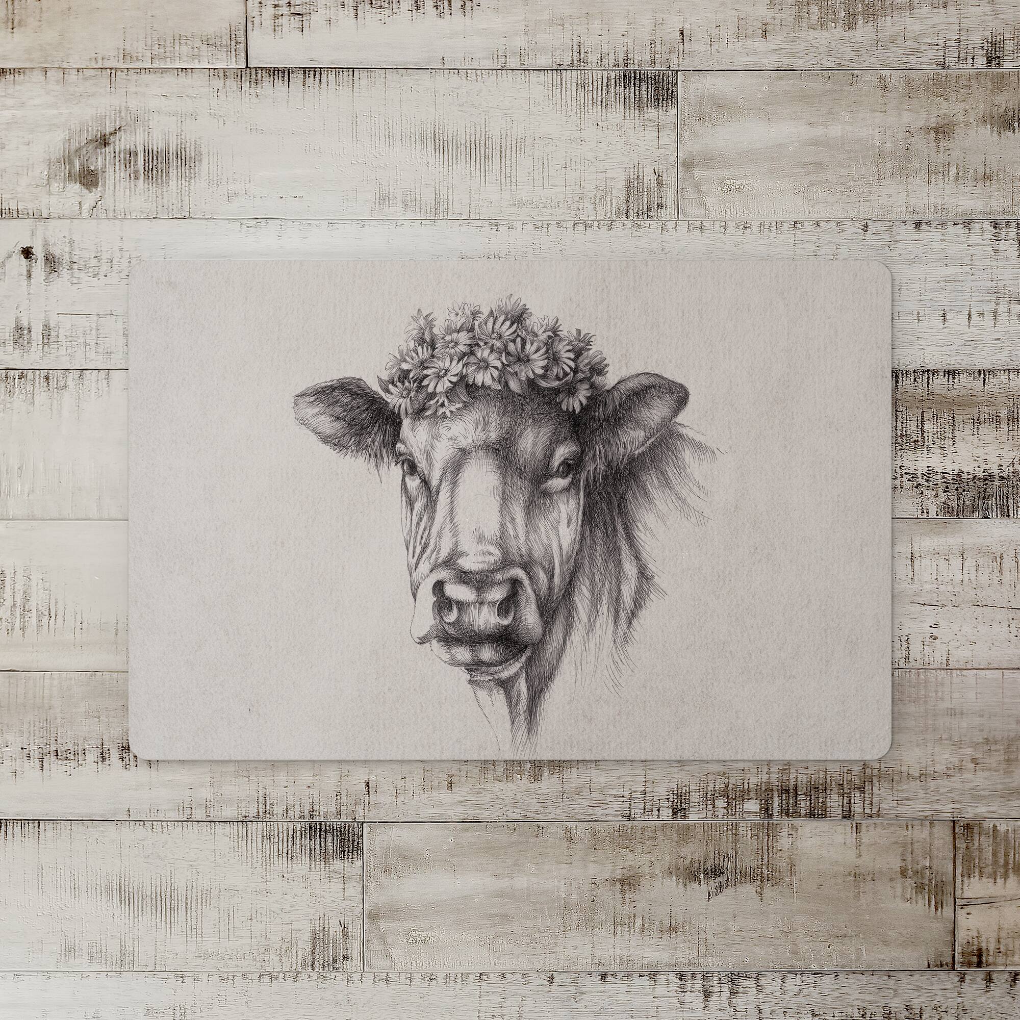 Flower Crown Cow Sketch 18" x 27" Floor Mat