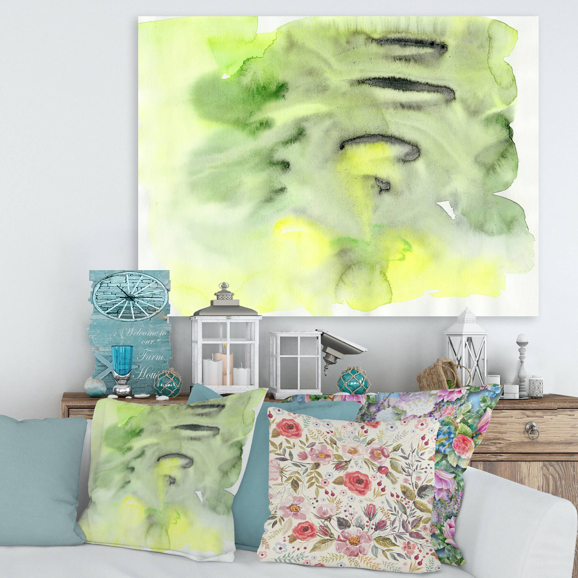 Designart - Abstract Pond of Green and Yellow - Modern Canvas Wall Art Print