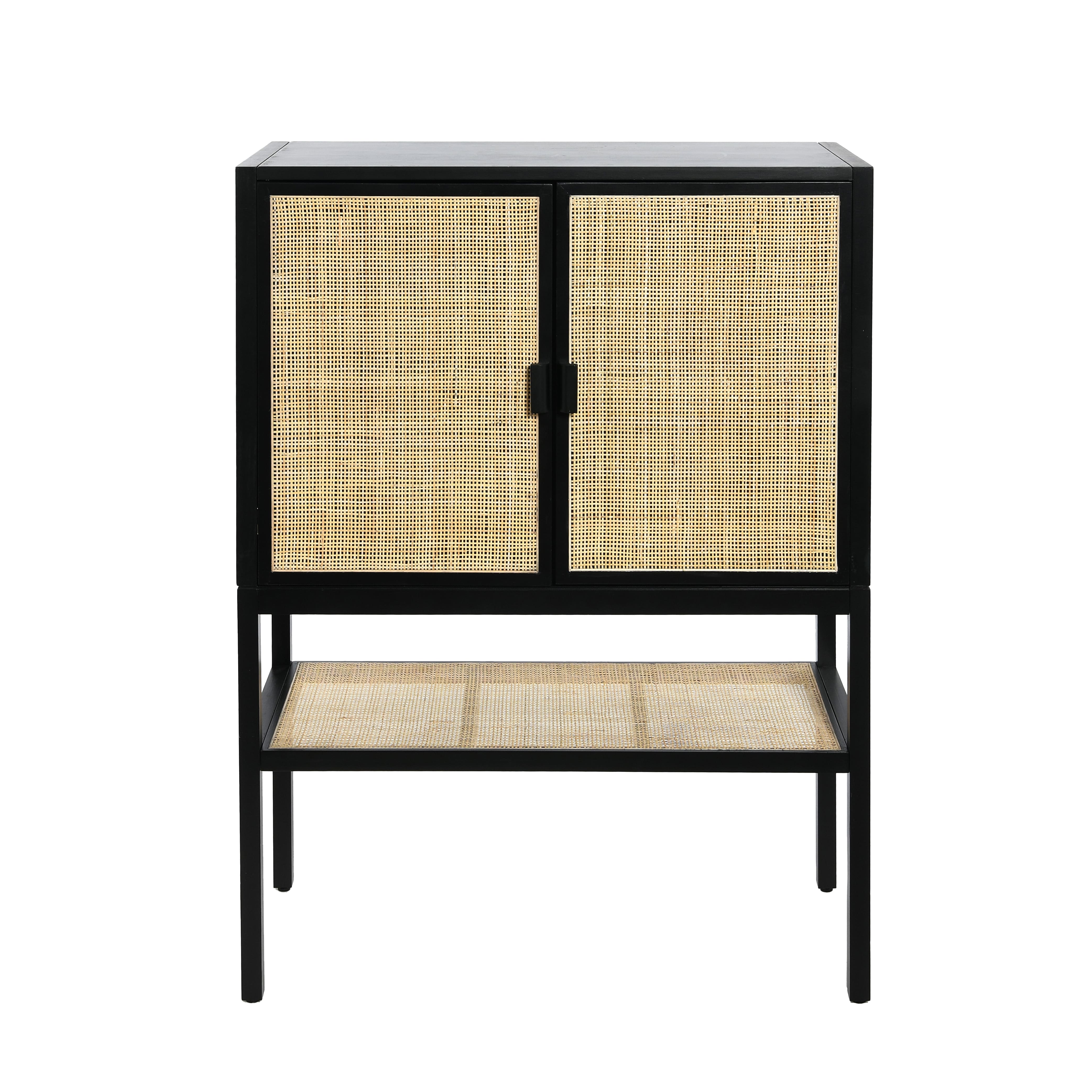 47&#x22; Boho Woven Rattan and Wood Cabinet with Doors, Shelf, and Interior Storage Compartments