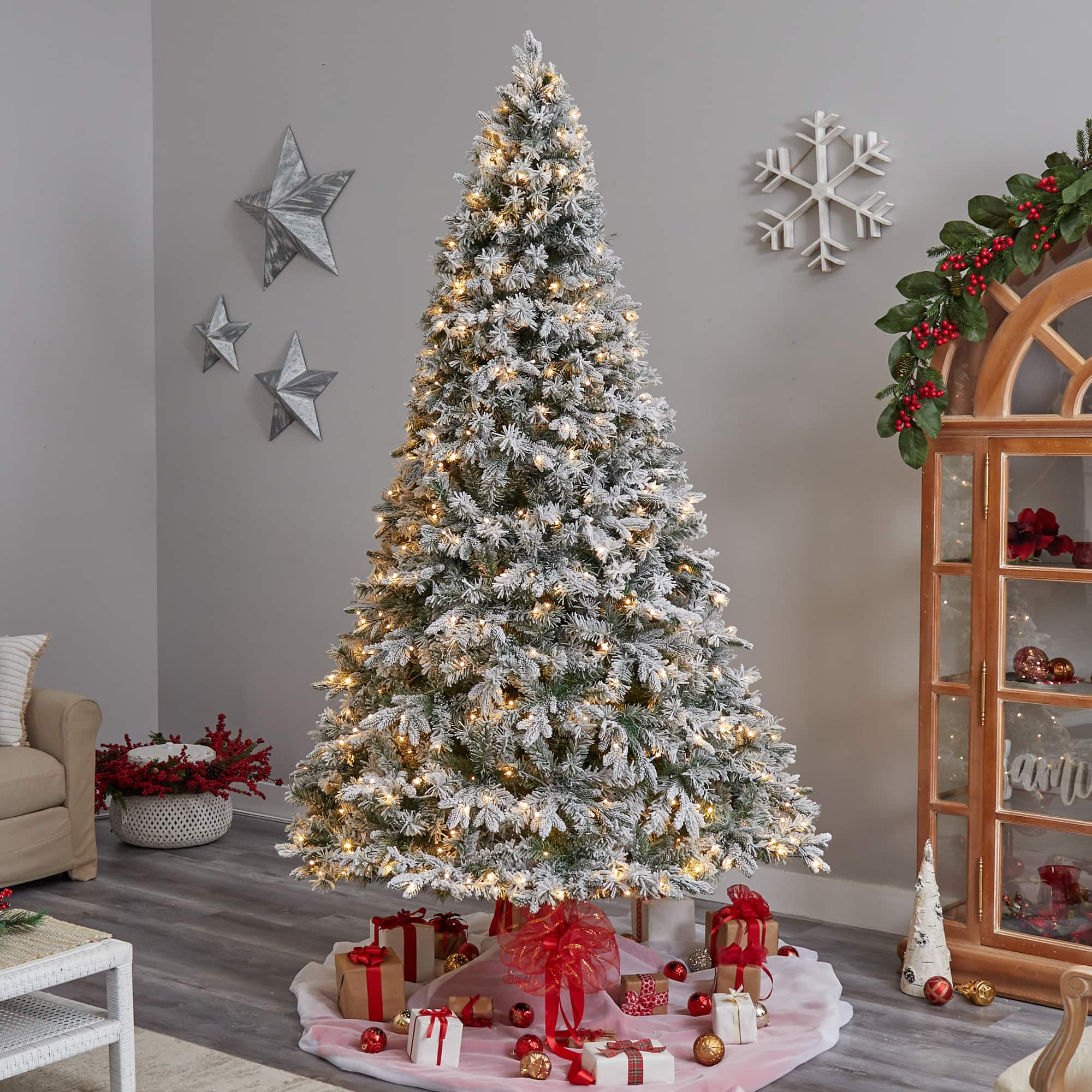 9ft. Pre-Lit Flocked Vermont Mixed Pine Artificial Christmas Tree, Clear LED Lights