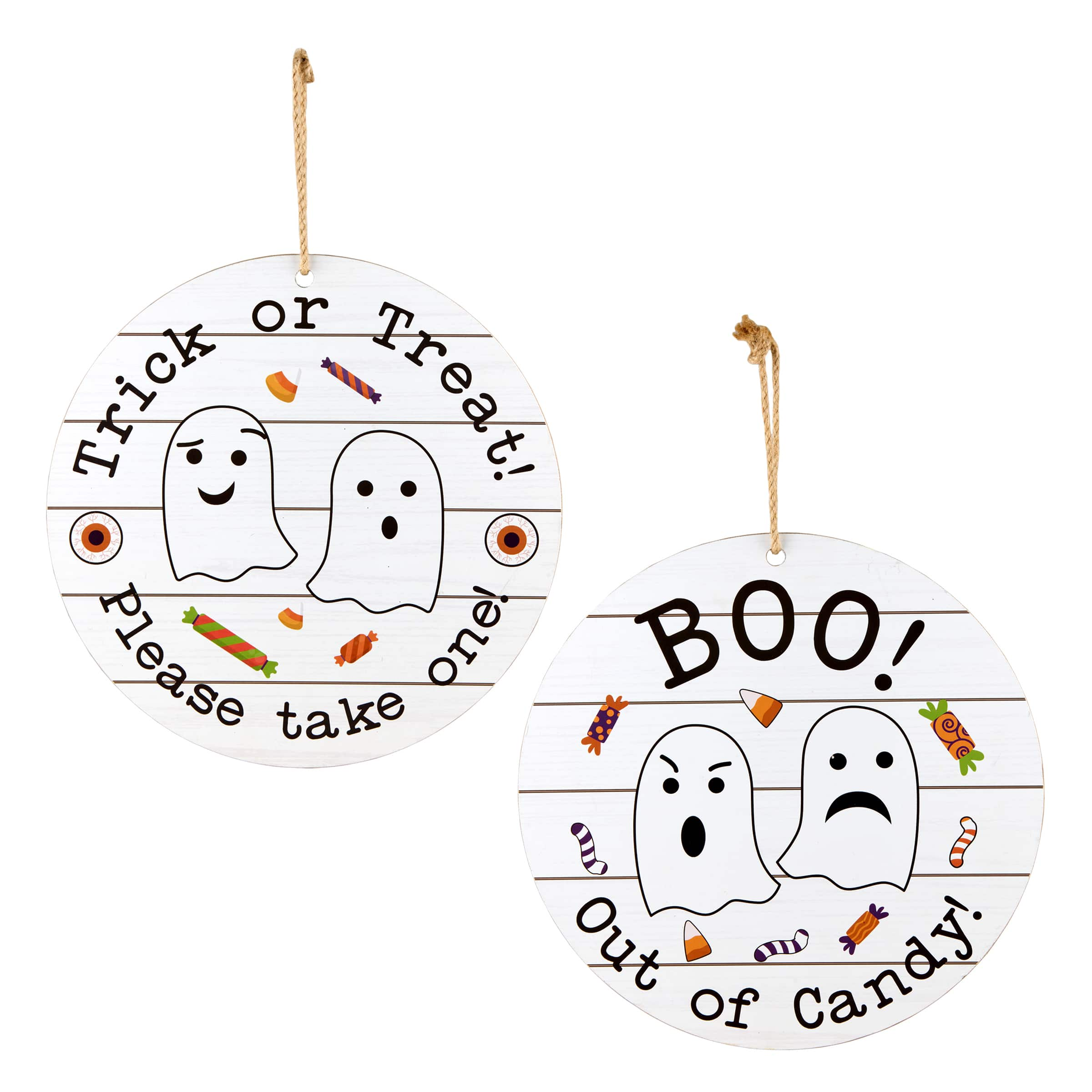 12&#x22; White Hanging Double-Sided Trick or Treat/Out of Candy Round Plank Sign