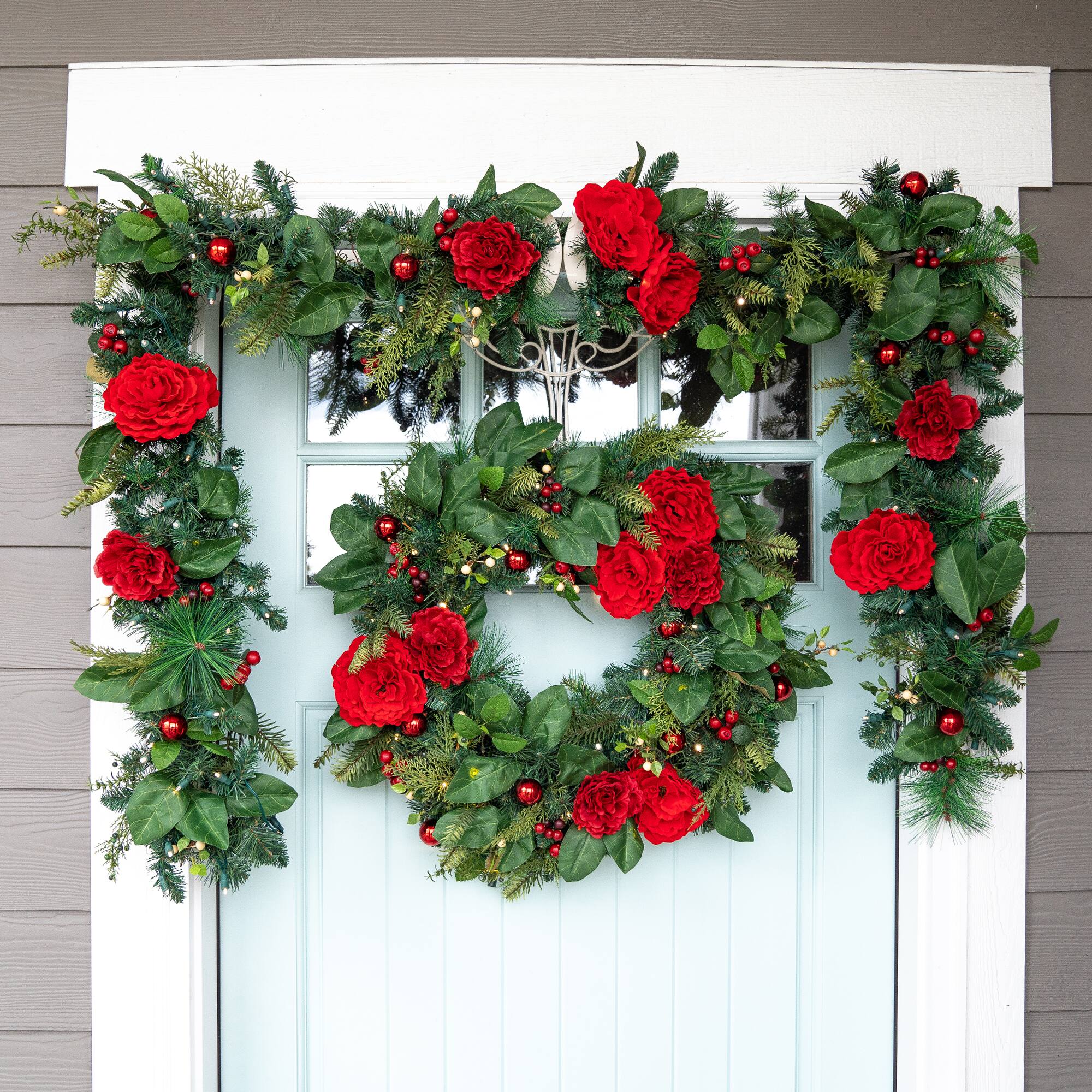 Village Lighting 9ft. Pre-Lit LED Red Peonies & Berry Garland