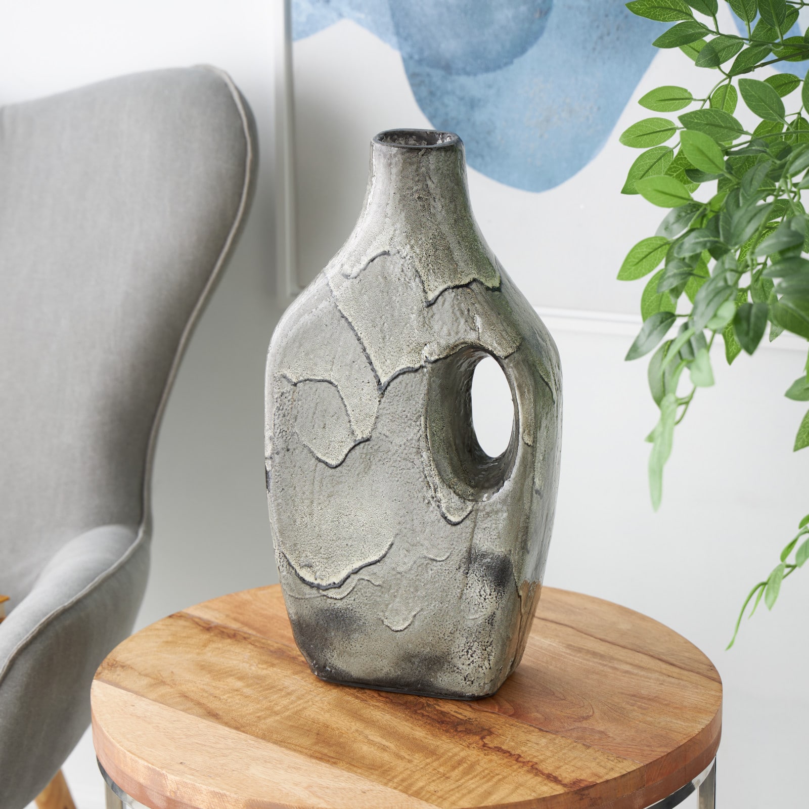 Gray Paper Mache Marble Inspired Decorative Vase with Cutout Handle