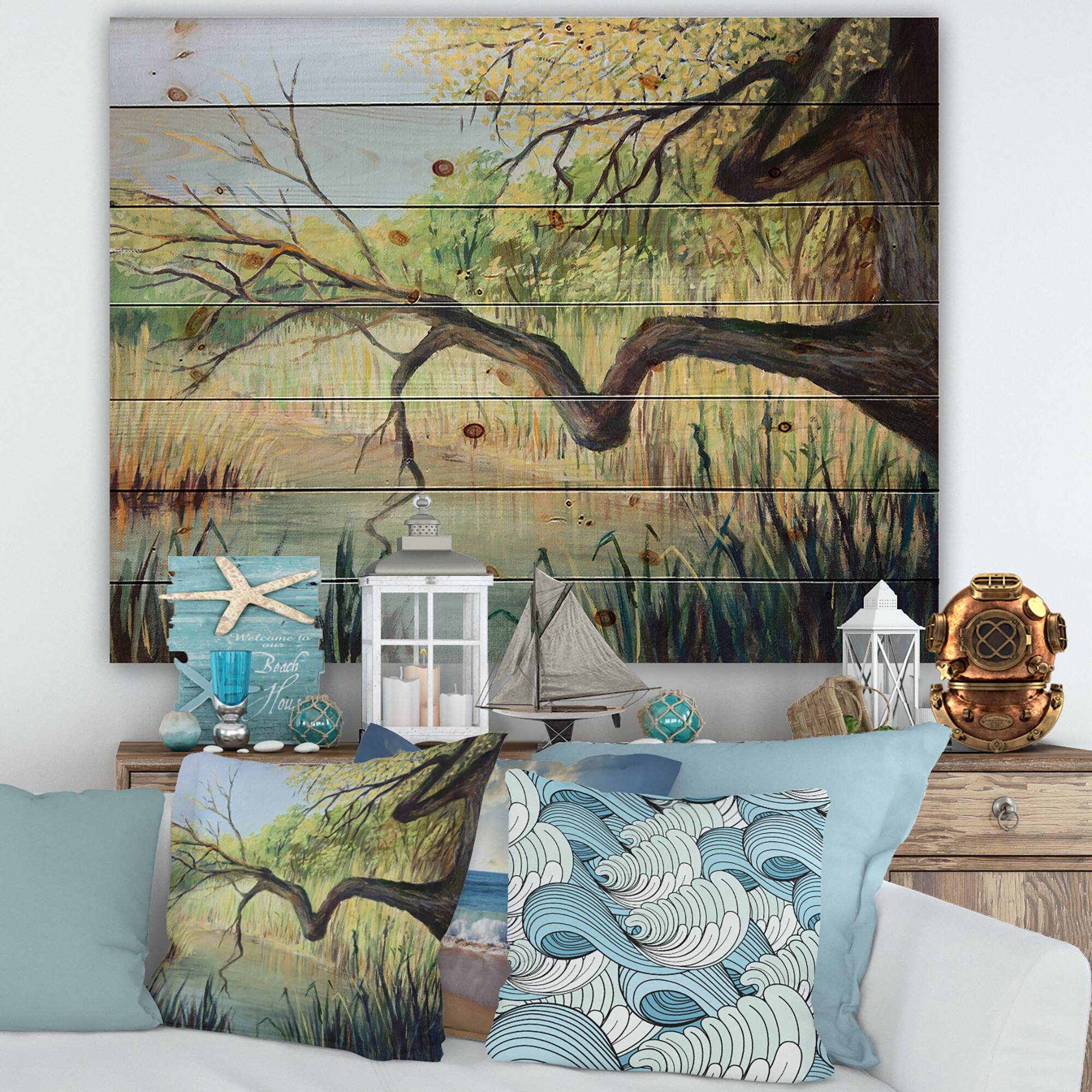 Designart - The Lake of Silence - Lake House Print on Natural Pine Wood