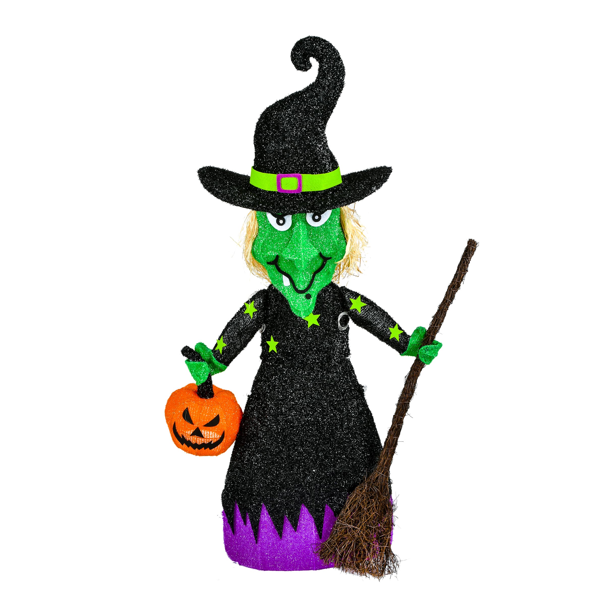 39&#x27;&#x27; Pre-Lit Green Witch with Broom Halloween D&#xE9;cor