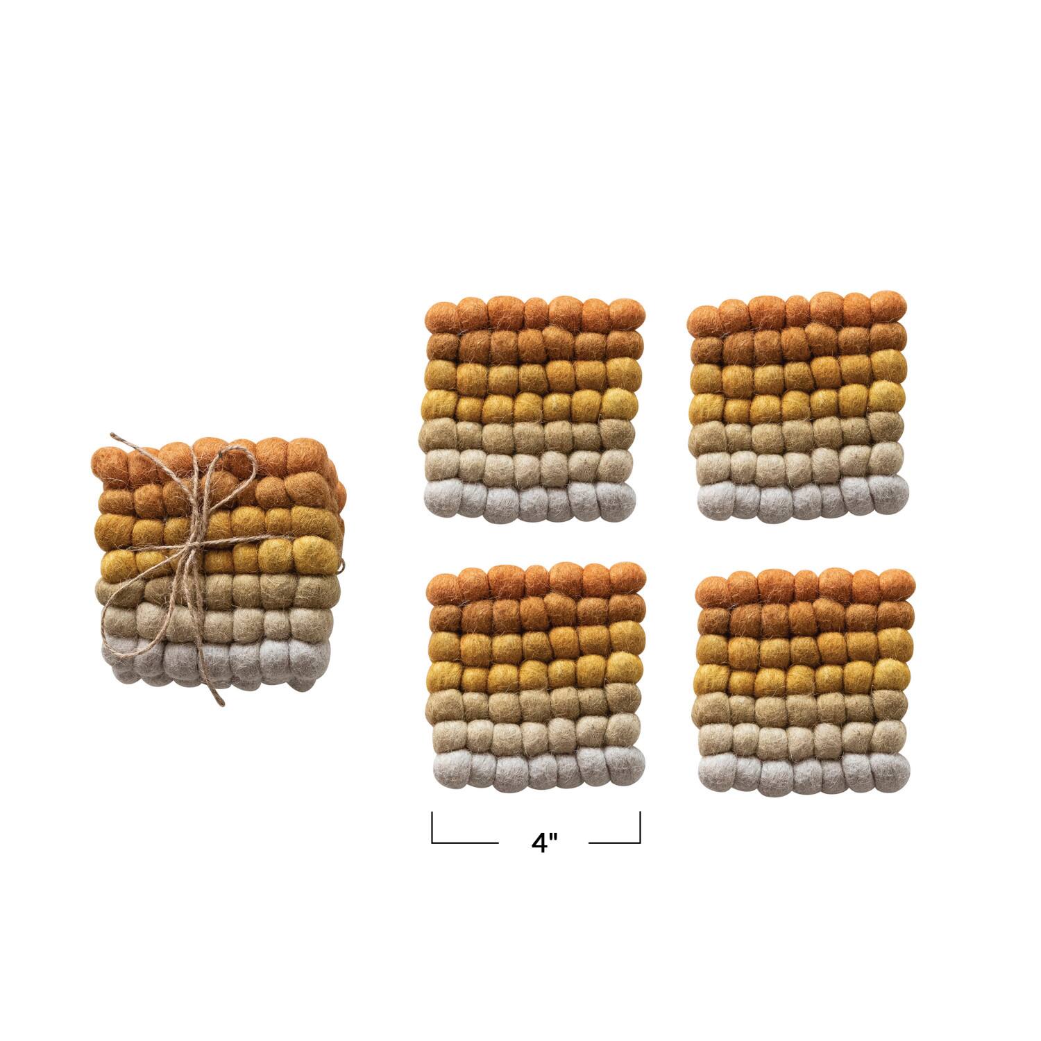 Hello Honey® 4" Yellow, Orange & Cream Handmade Wool Felt Ball Coaster Set