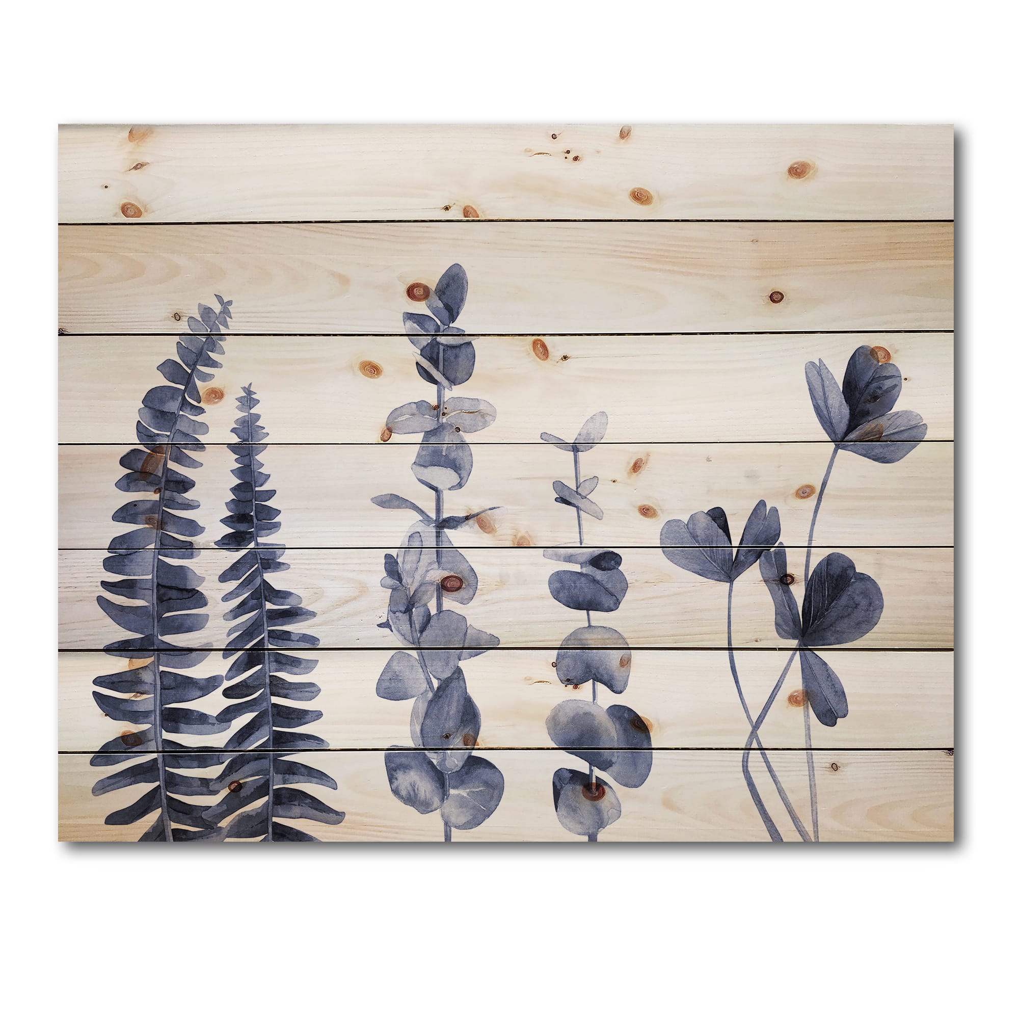 Designart - Navy Blue Eucalyptus I - Traditional Print on Natural Pine Wood