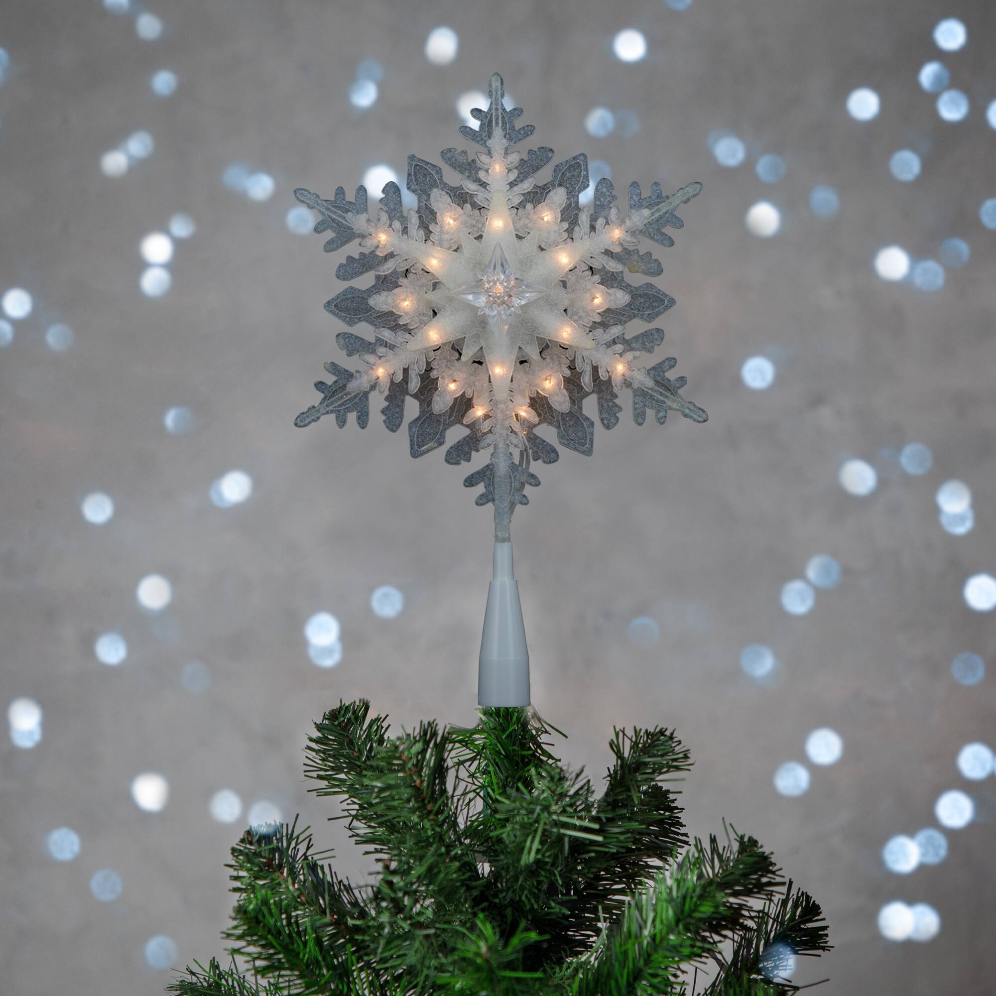 10&#x22; Lighted White Frosted Stacked Snowflake Christmas Tree Topper, Clear Lights