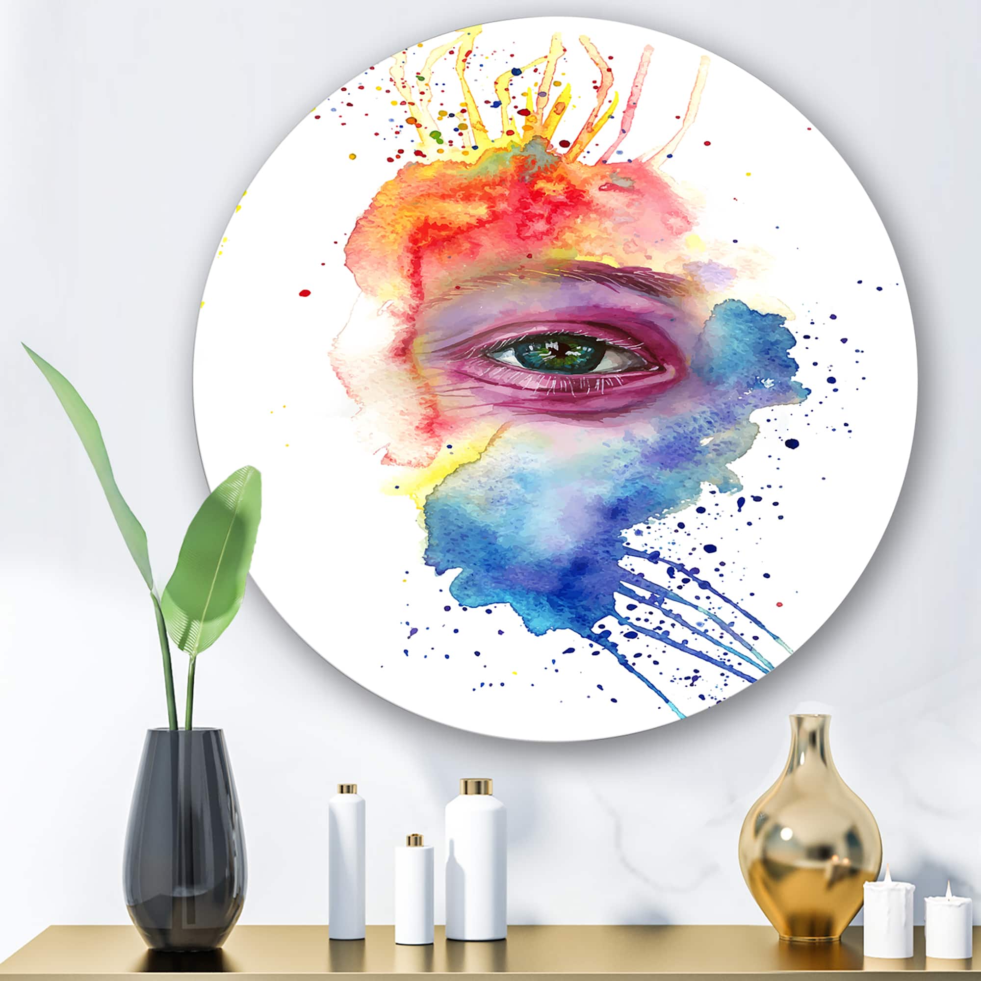 Designart - Detail of Eye In Multi-Colored Face Portrait - Bohemian & Eclectic Metal Circle Wall Art