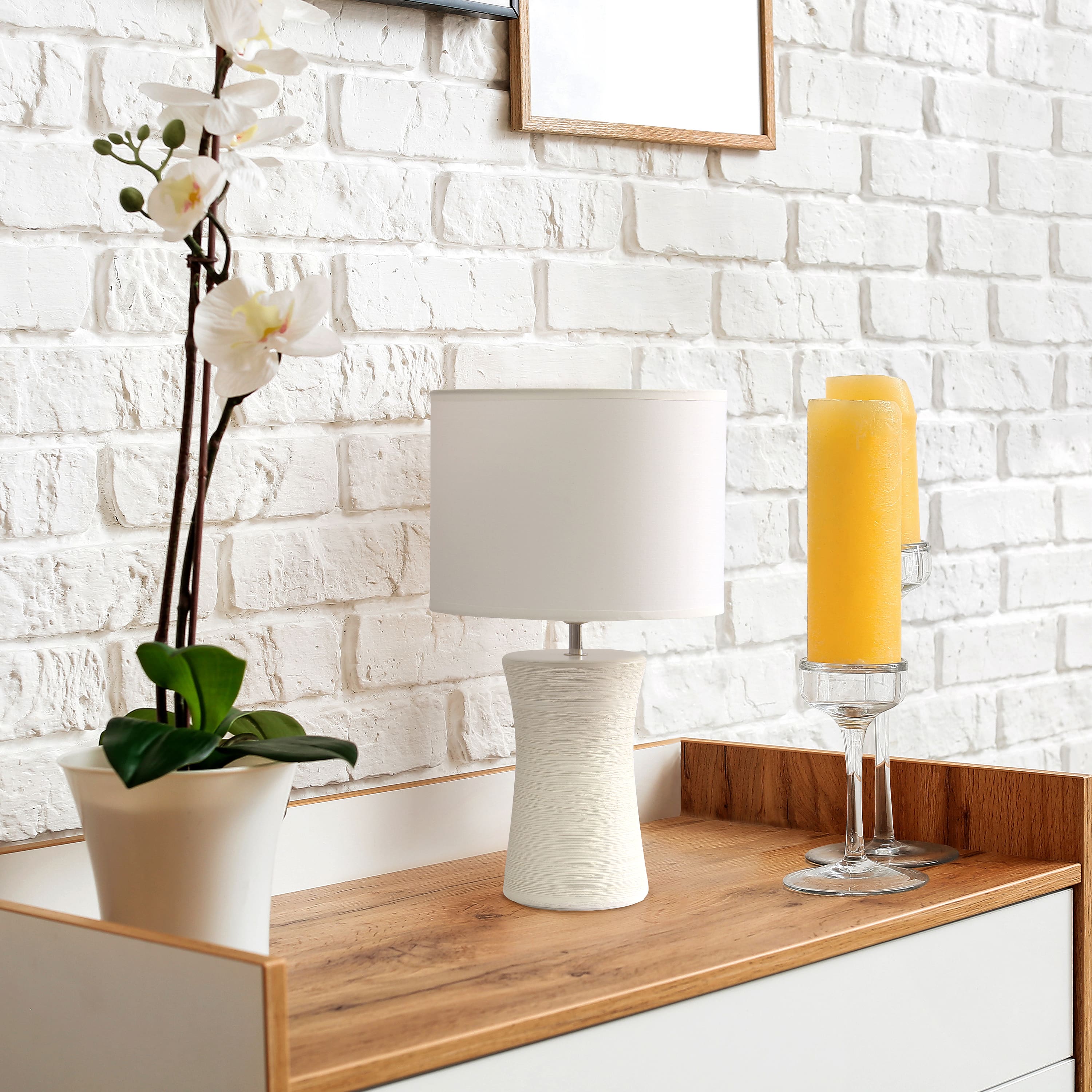 Simple Designs White Shade Ceramic Hourglass Table Lamp