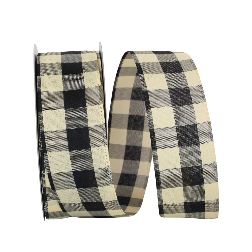 JAM Paper 2.5&#x22; x 50yd. Cream and Black Country Buffalo Gingham Large Wired Edge Ribbon
