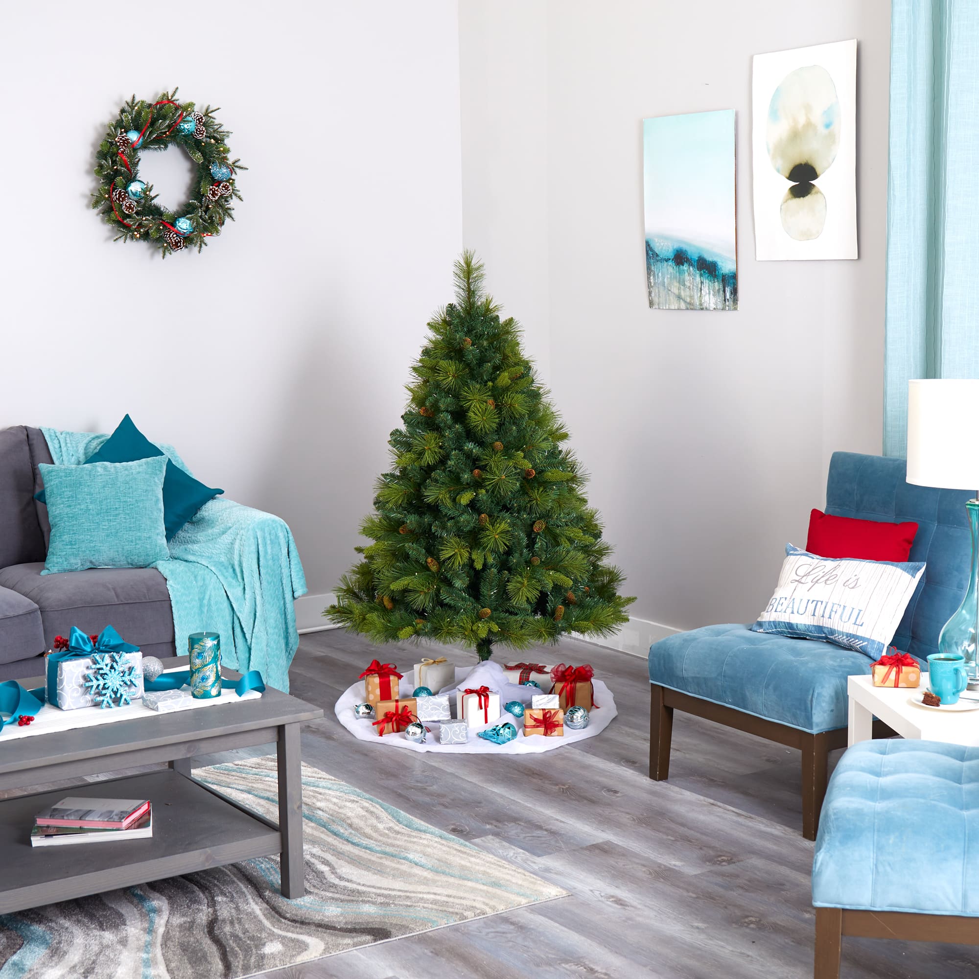 5ft. Pre-Lit North Carolina Mixed Pine Artificial Christmas Tree, Warm White LED Lights