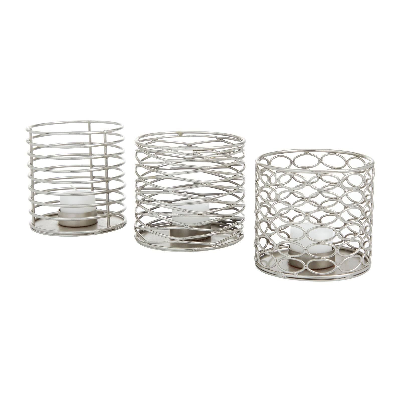 Set of 3 Silver Iron Modern Candle Holders, 4&#x22; x 4&#x22; x 4&#x22;