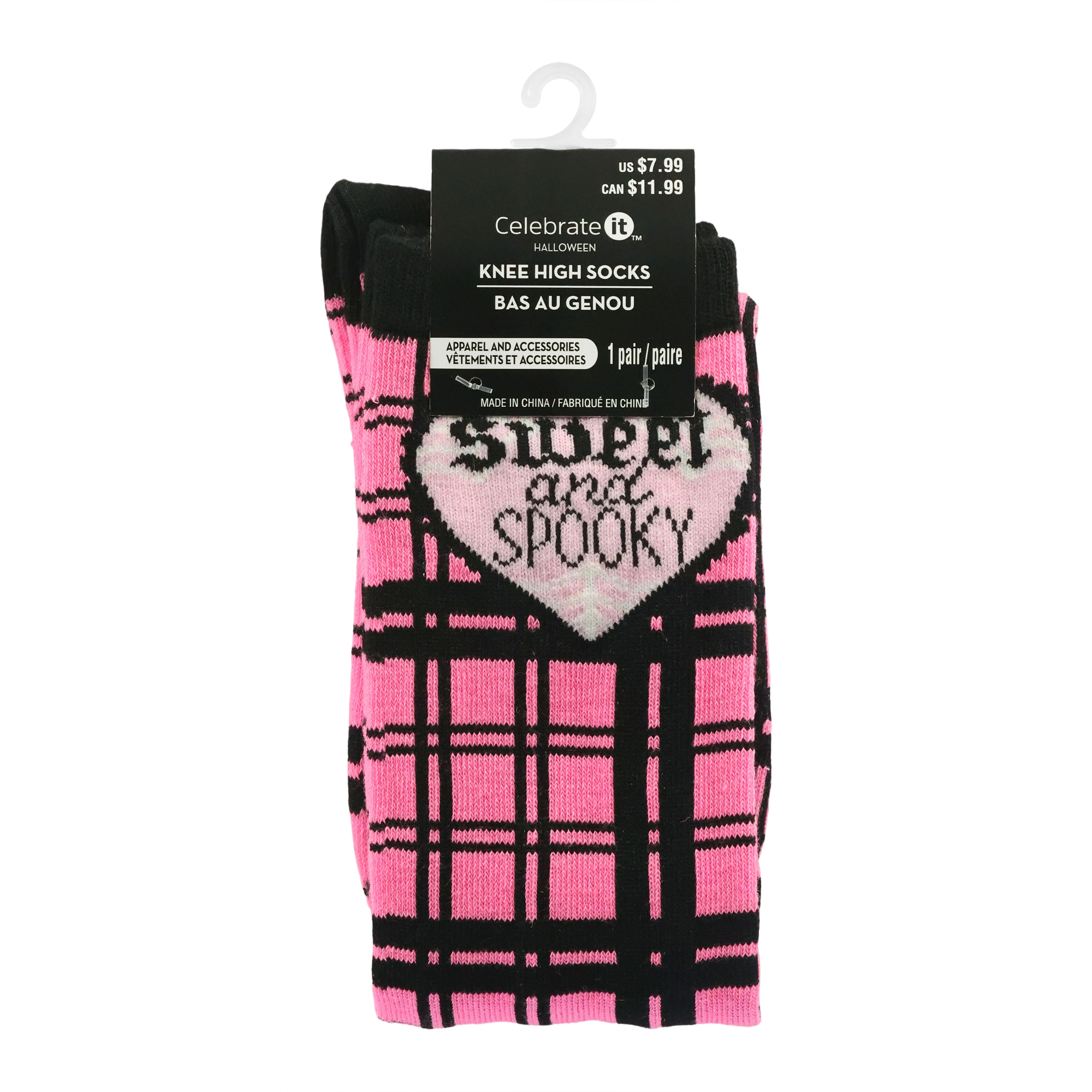 Sweet &#x26; Spooky Pink Plaid Knee High Socks by Celebrate It&#x2122;