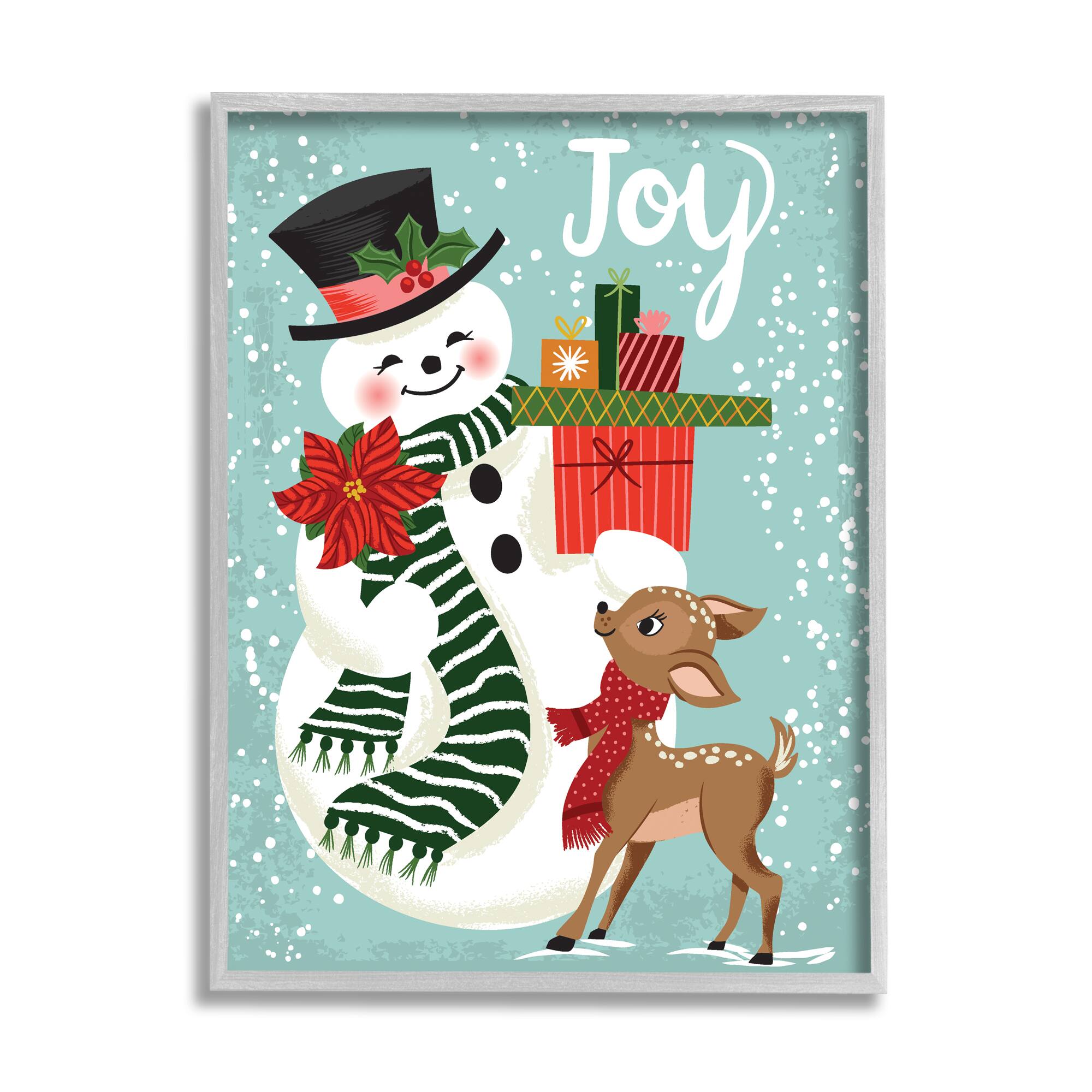Stupell Industries Joy Smiling Snowman Holiday Deer Framed Giclee Art