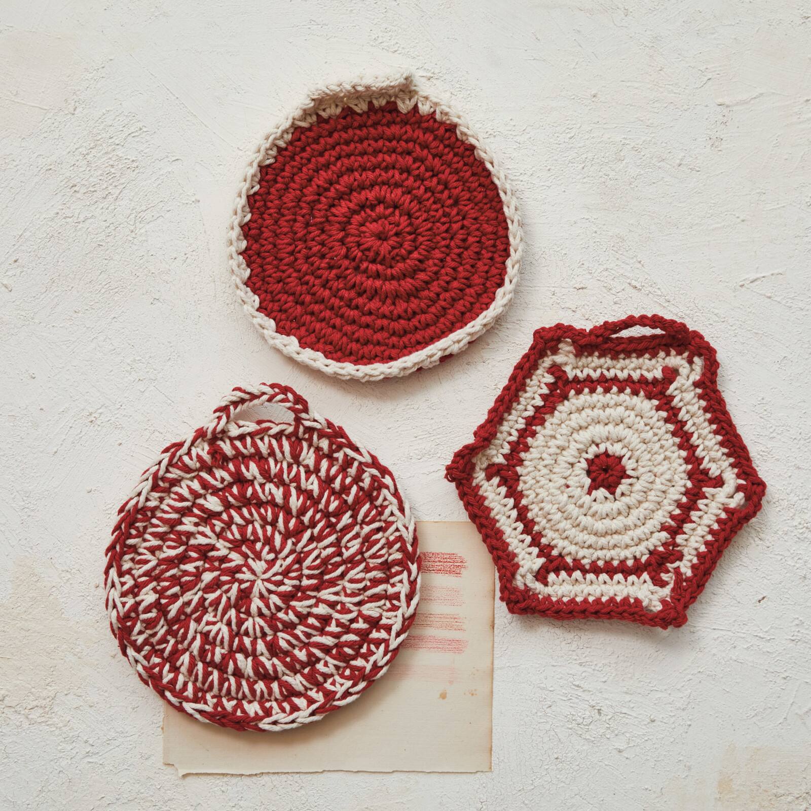 Hello Honey® 8" Red & White Crocheted Cotton Pot Holder Set