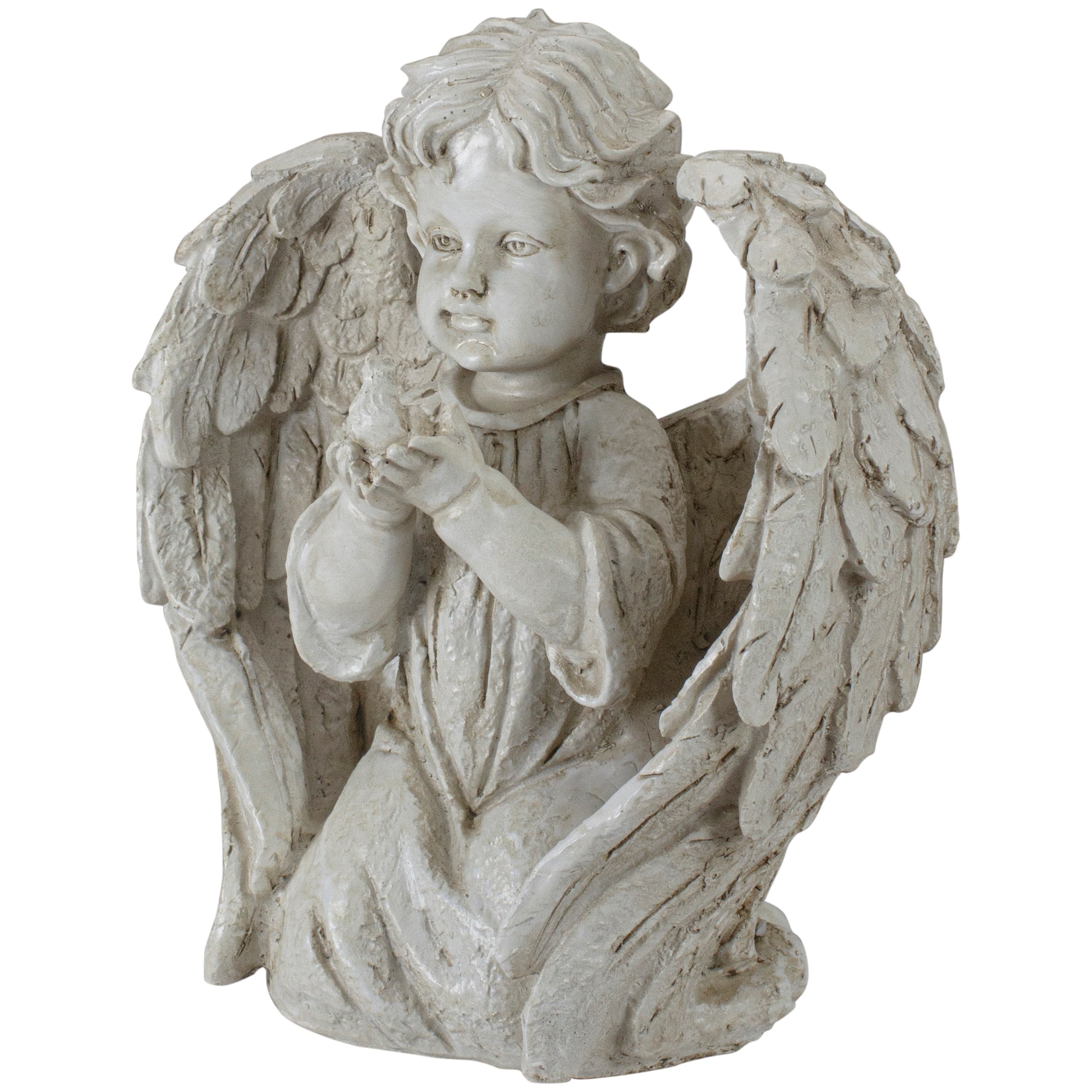 10" Ivory Kneeling Cherub Angel with Dove Garden Statue