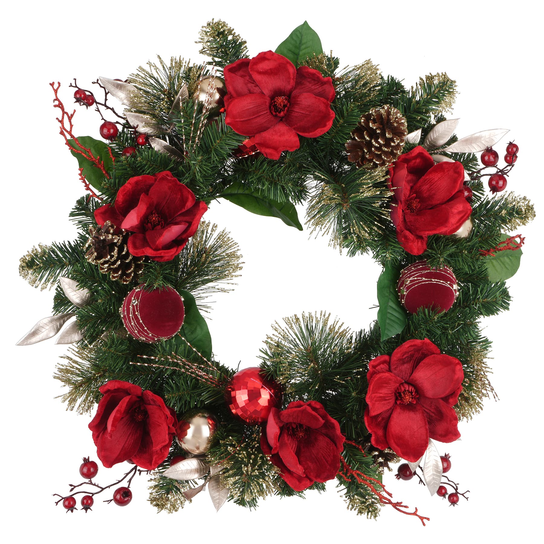 28&#x22; Red Magnolia, Pinecone, Ornament &#x26; Berry Wreath by Ashland&#xAE;