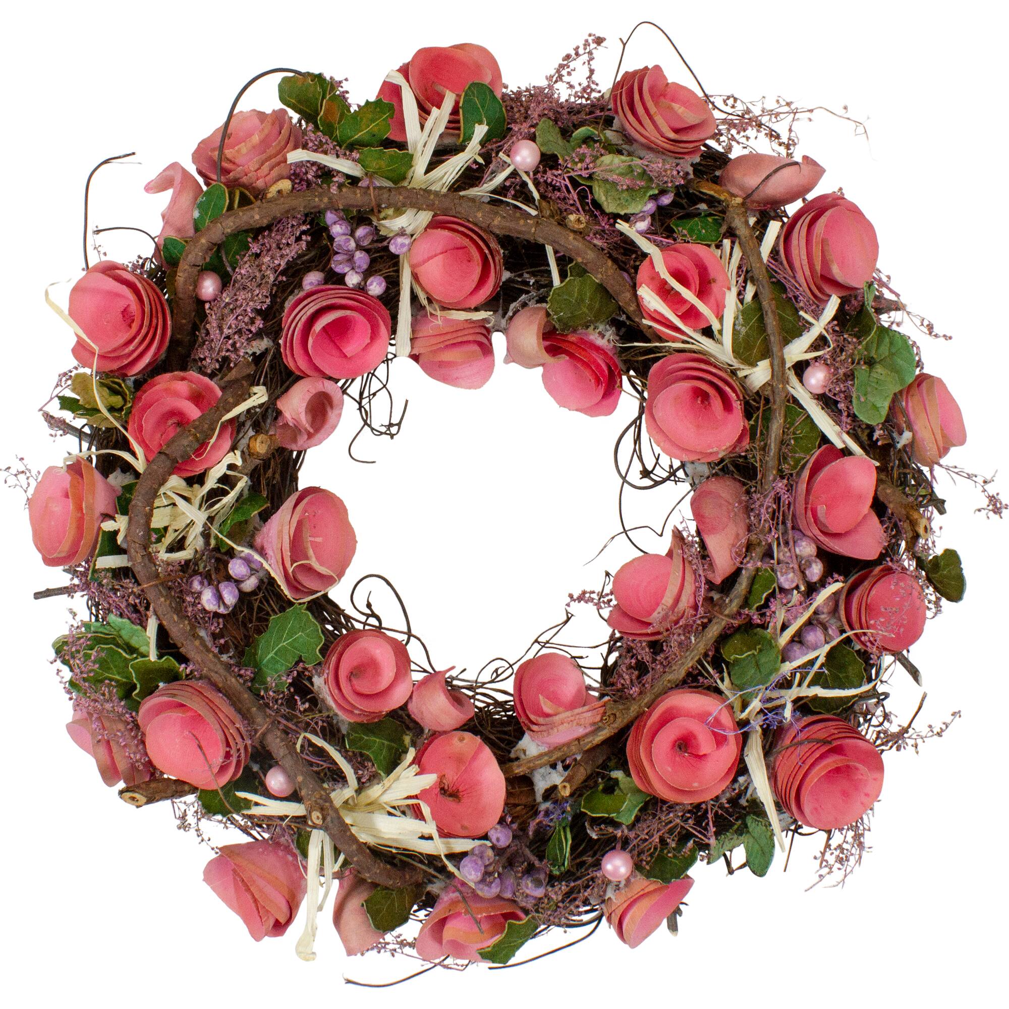 12.5" Pink Flowers & Berries with Green Leaves & Twigs Spring Wreath