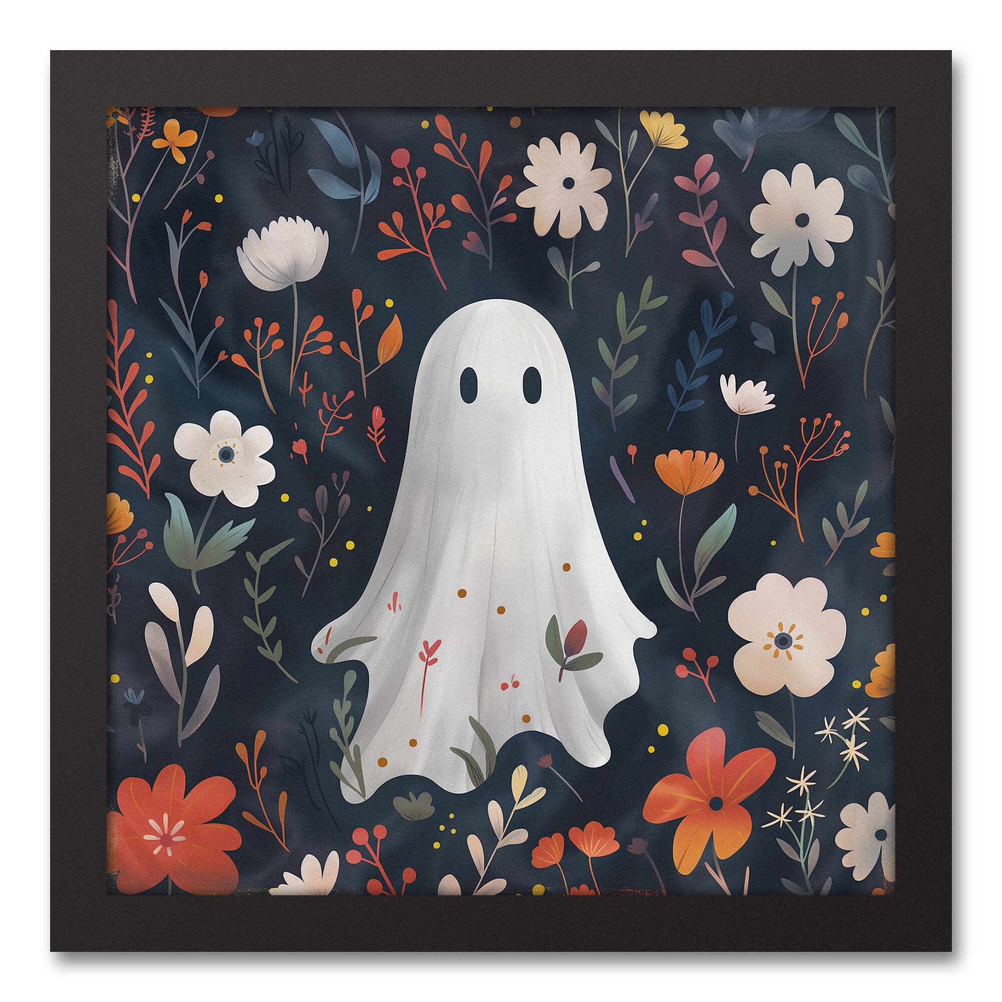 Cute Floral Ghost 13.73&#x22; x 13.73&#x22; Black Framed Canvas