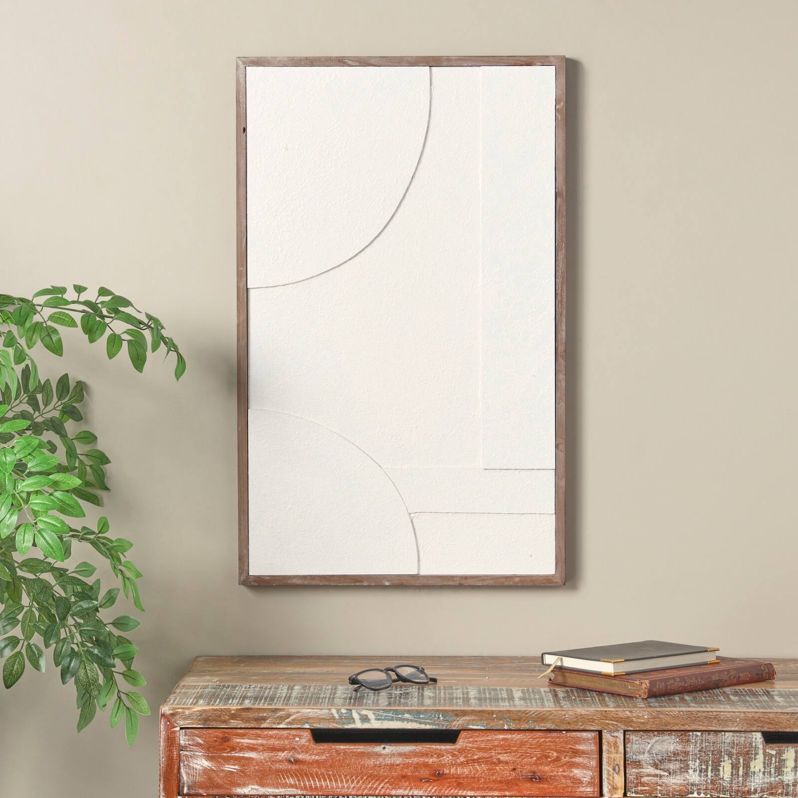 White Dimensional Geometric Wall Décor with Brown Frame