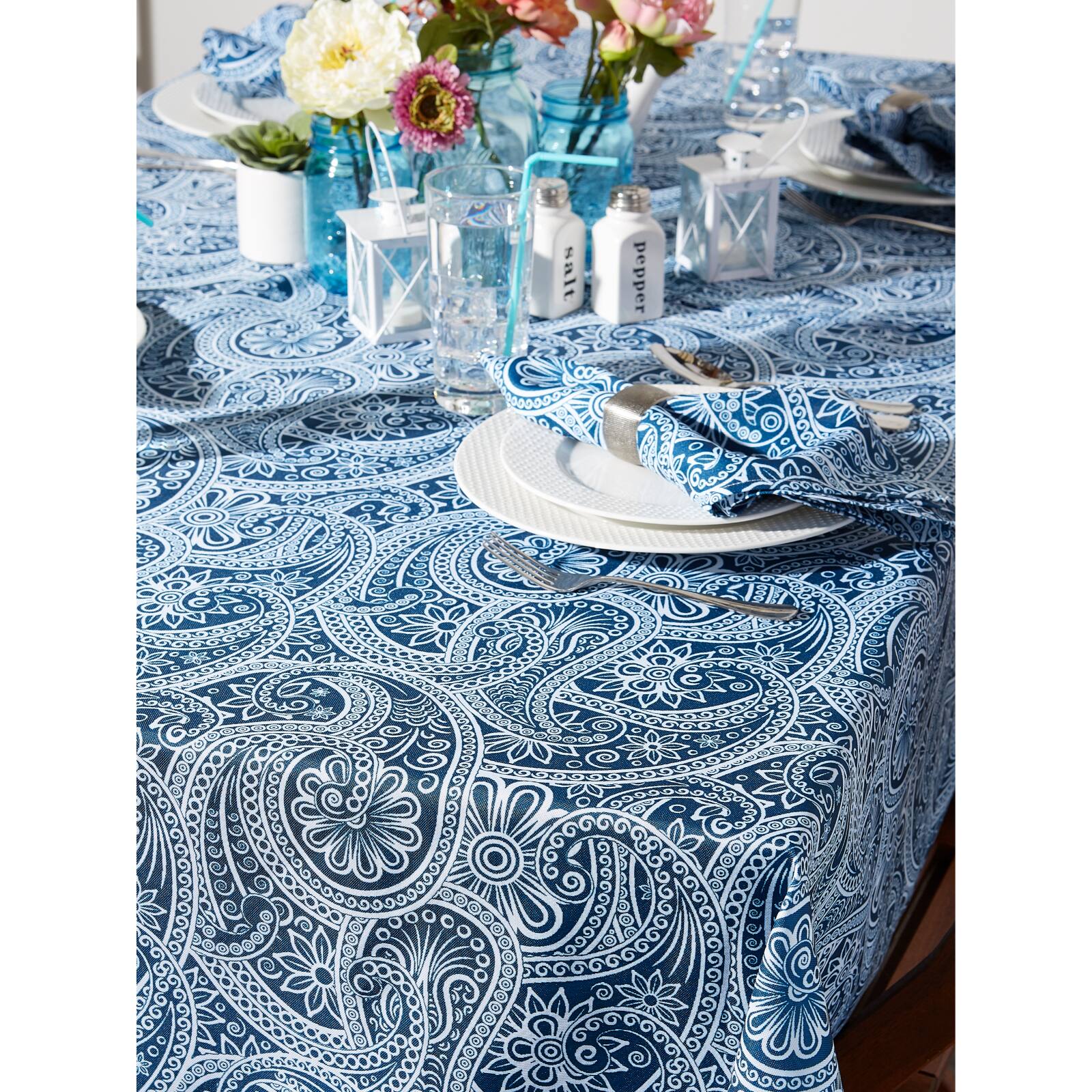 Blue Paisley Print Outdoor Tablecloth 60" Round