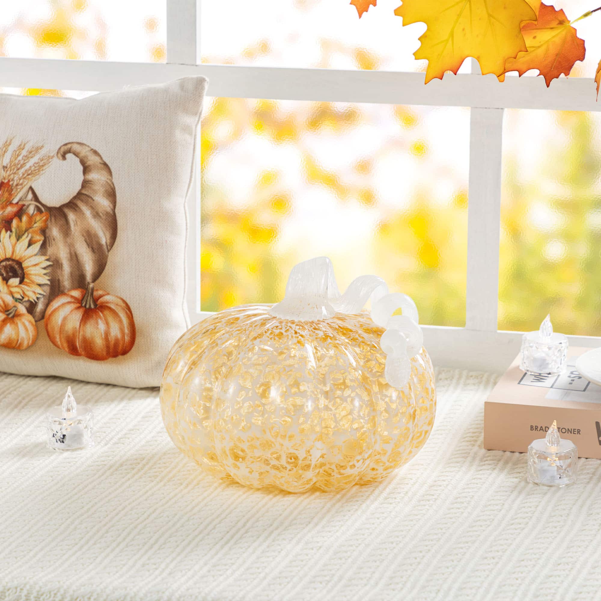 Glitzhome&#xAE; Amber Dots Fall Pumpkin Glass Tabletop Accent