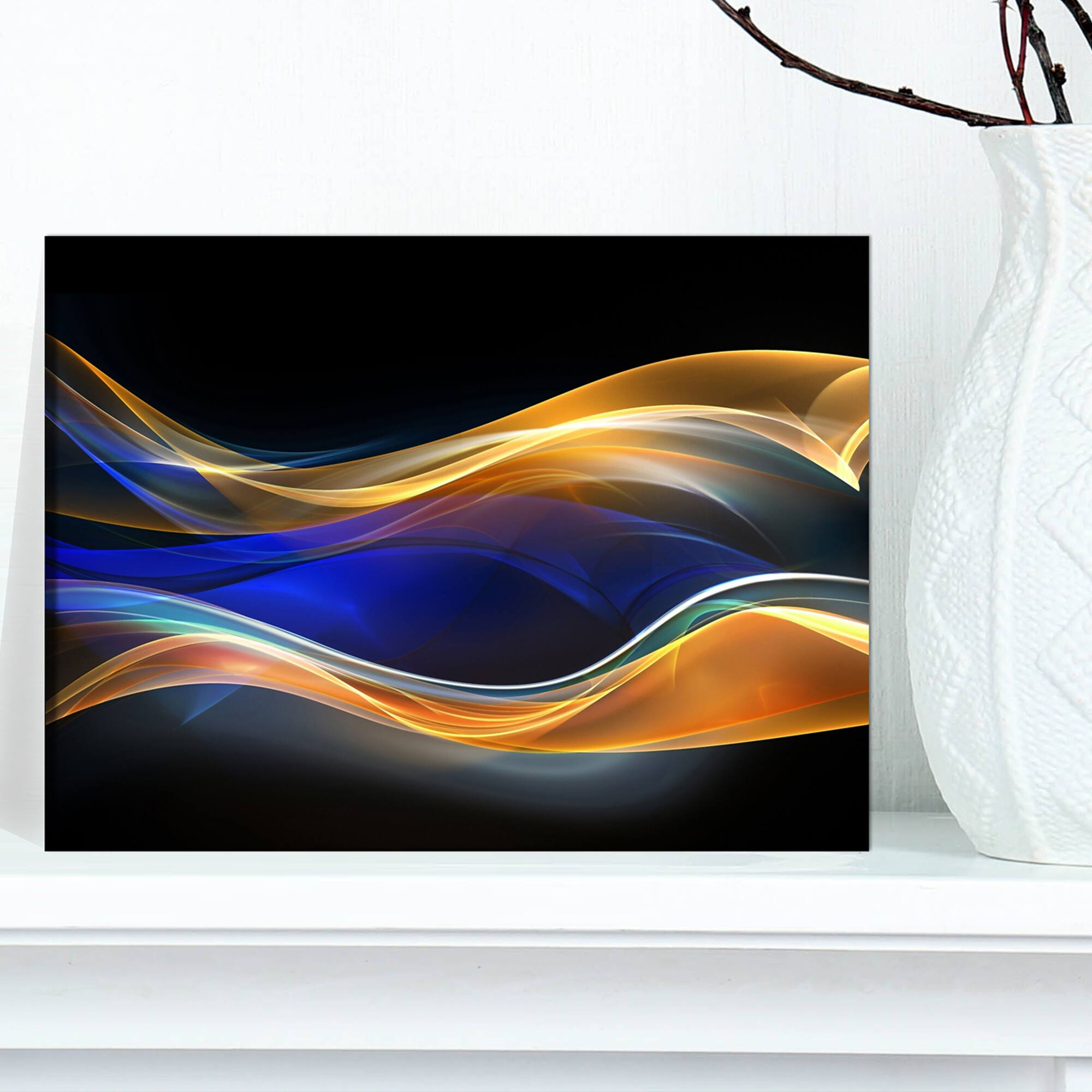 Designart - 3D Gold Blue Wave Design - Abstract Canvas art print