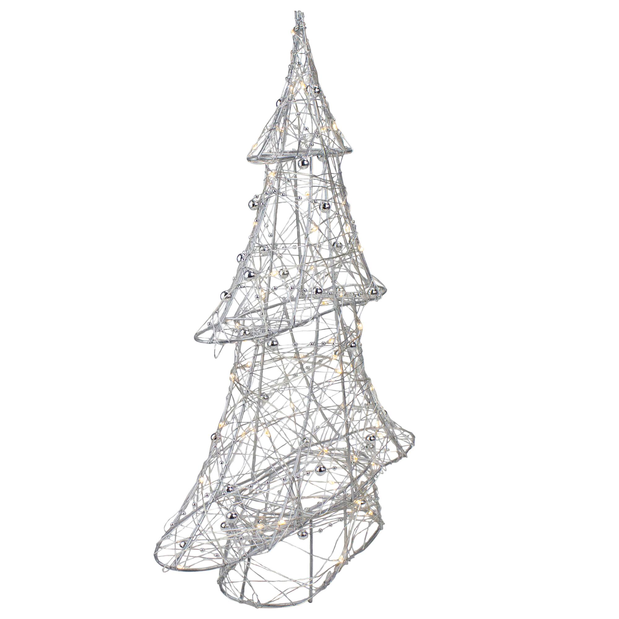 15.25" LED Silver Lighted Wire and Bead Decoration Christmas Tree, Warm White Lights
